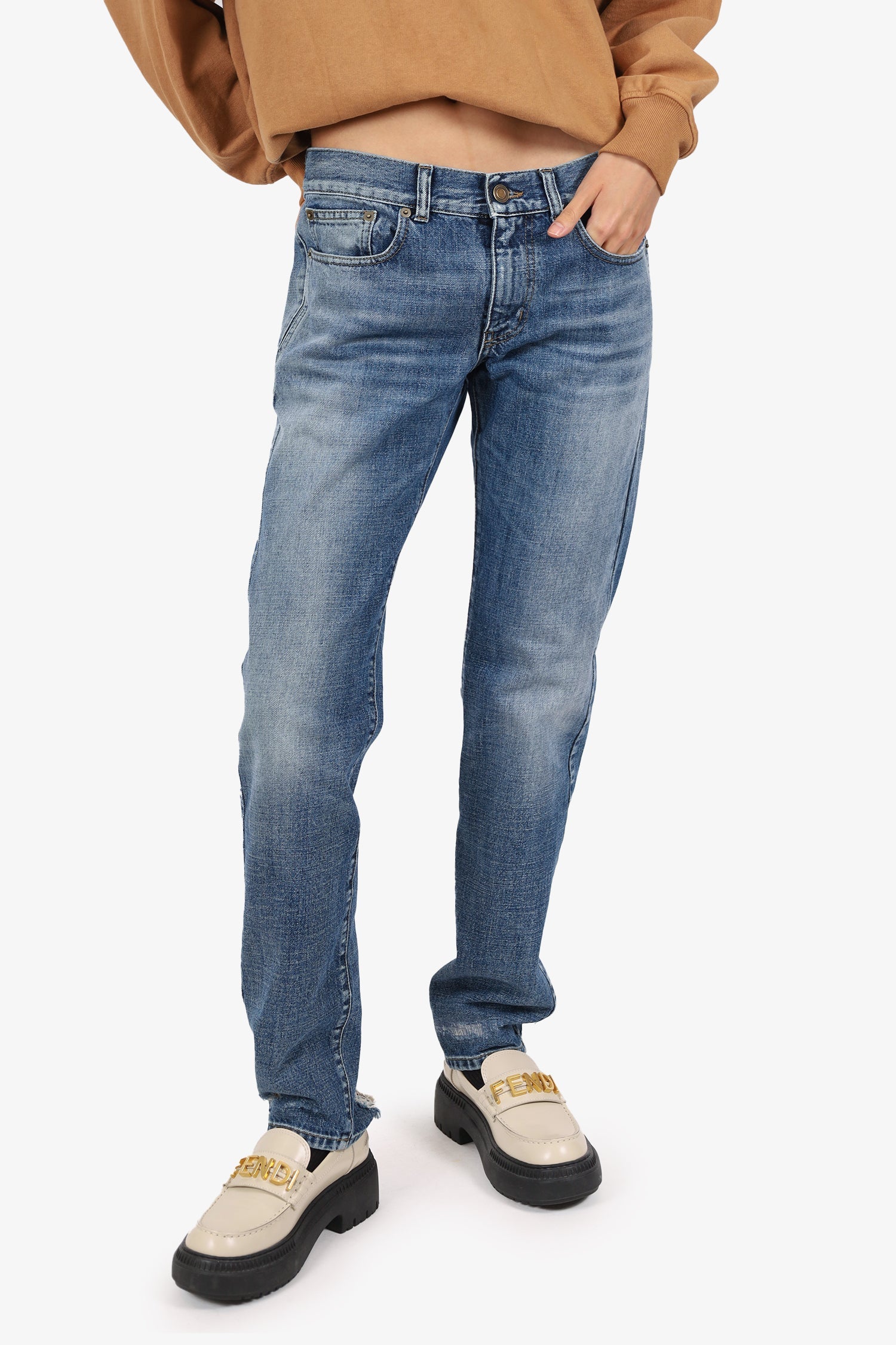 Saint Laurent Distressed Denim Slim Leg Jeans Size 38