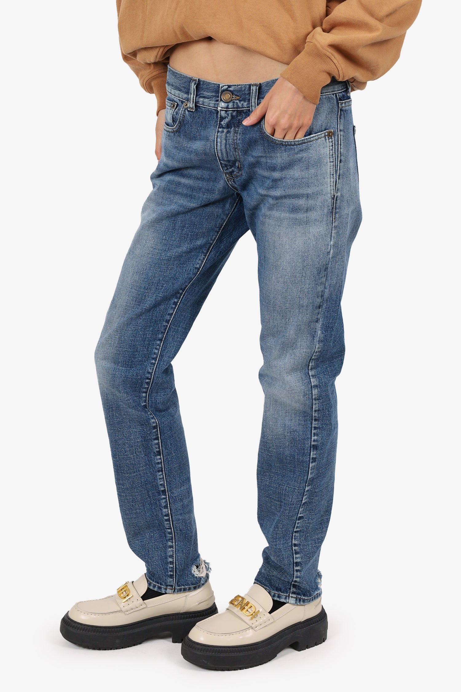 Saint Laurent Distressed Denim Slim Leg Jeans Size 38
