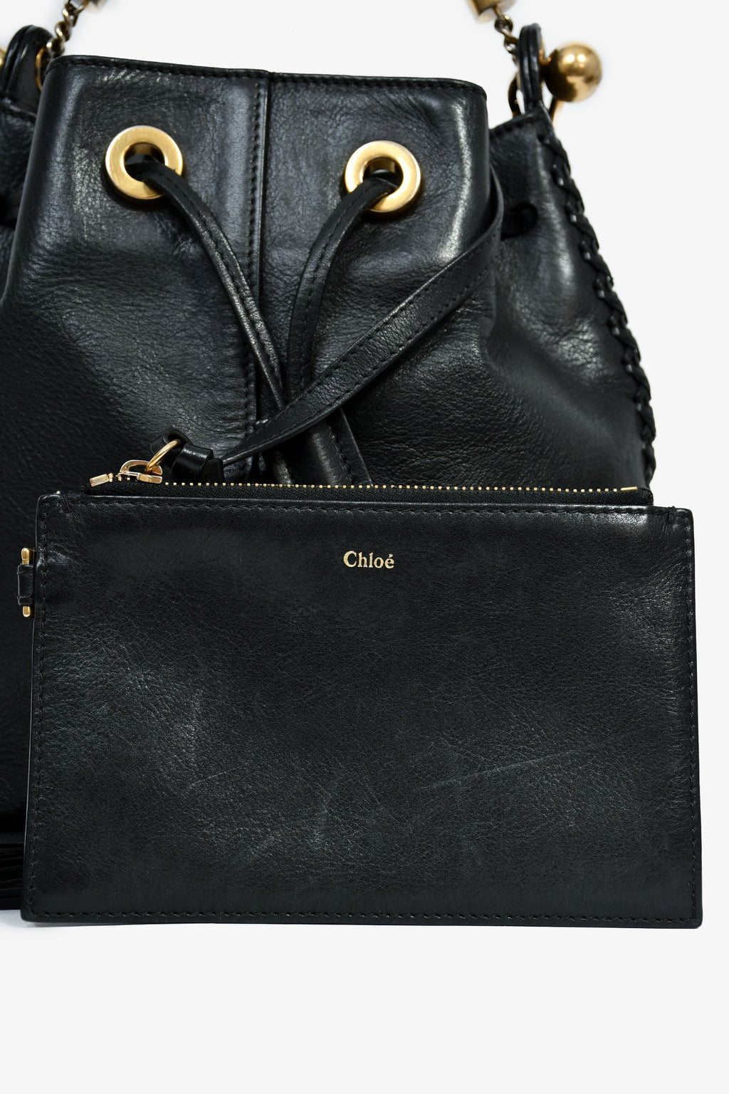 Chloe Black Leather Tassel Bucket Bag