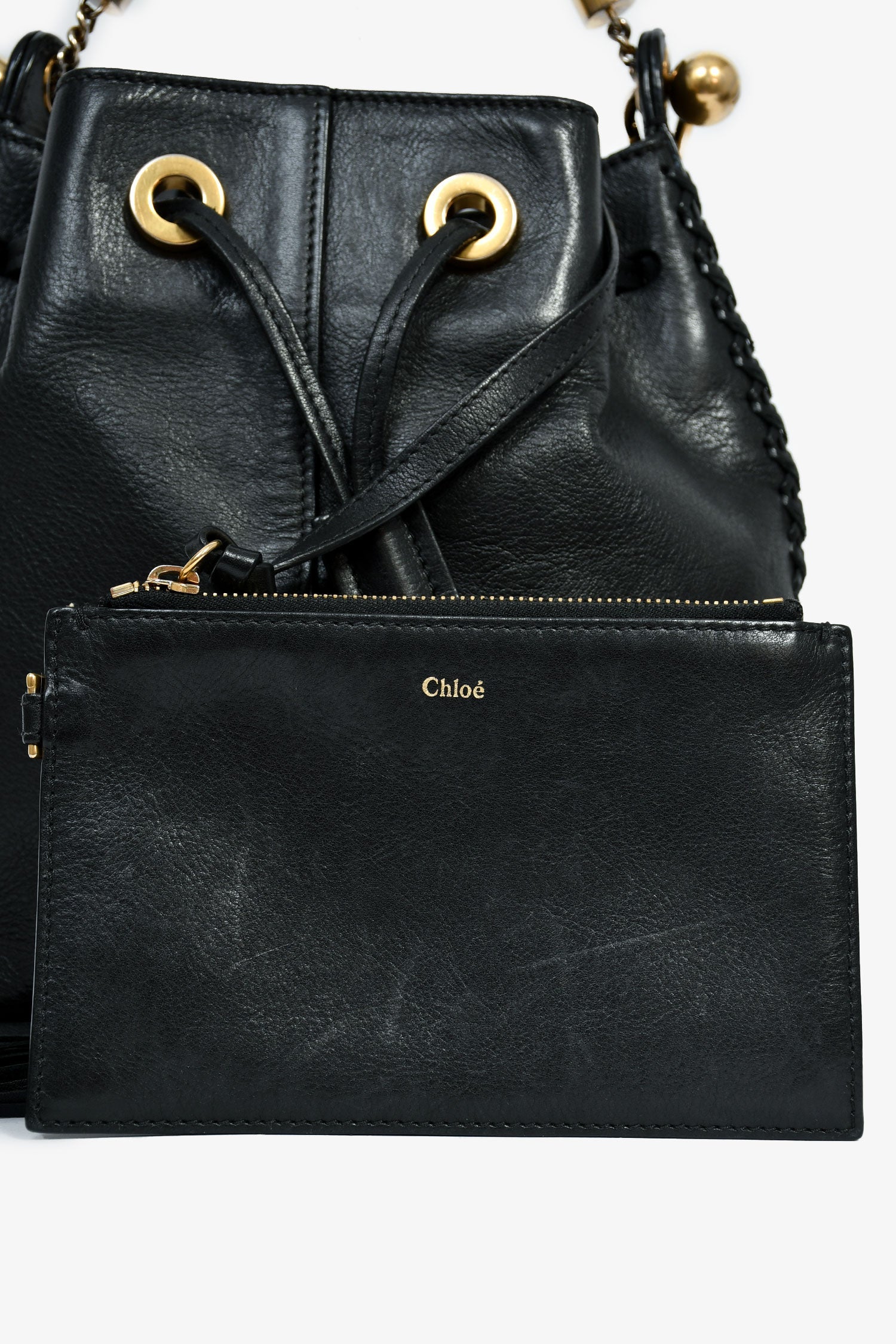Chloe Black Leather Tassel Bucket Bag