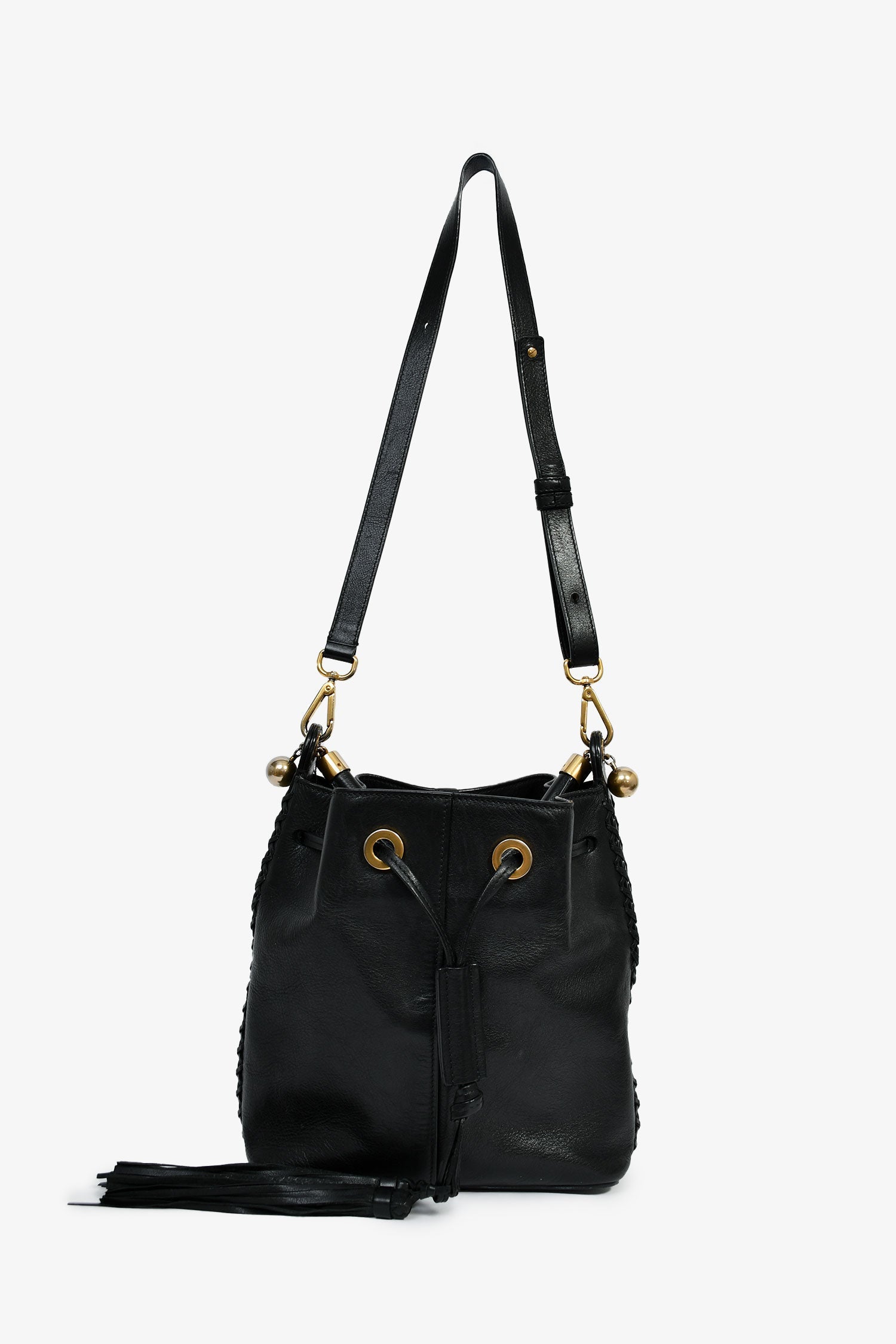 Chloe Black Leather Tassel Bucket Bag