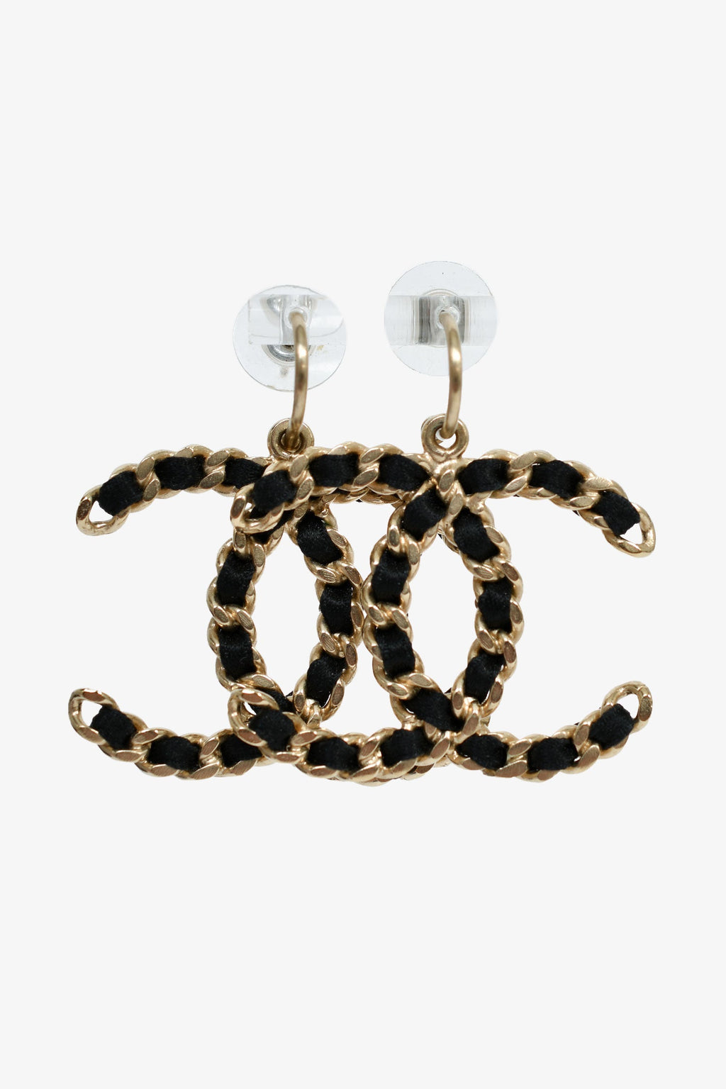 Pre-Loved Chanel™ Gold Toned Black Woven CC Drop Earrings