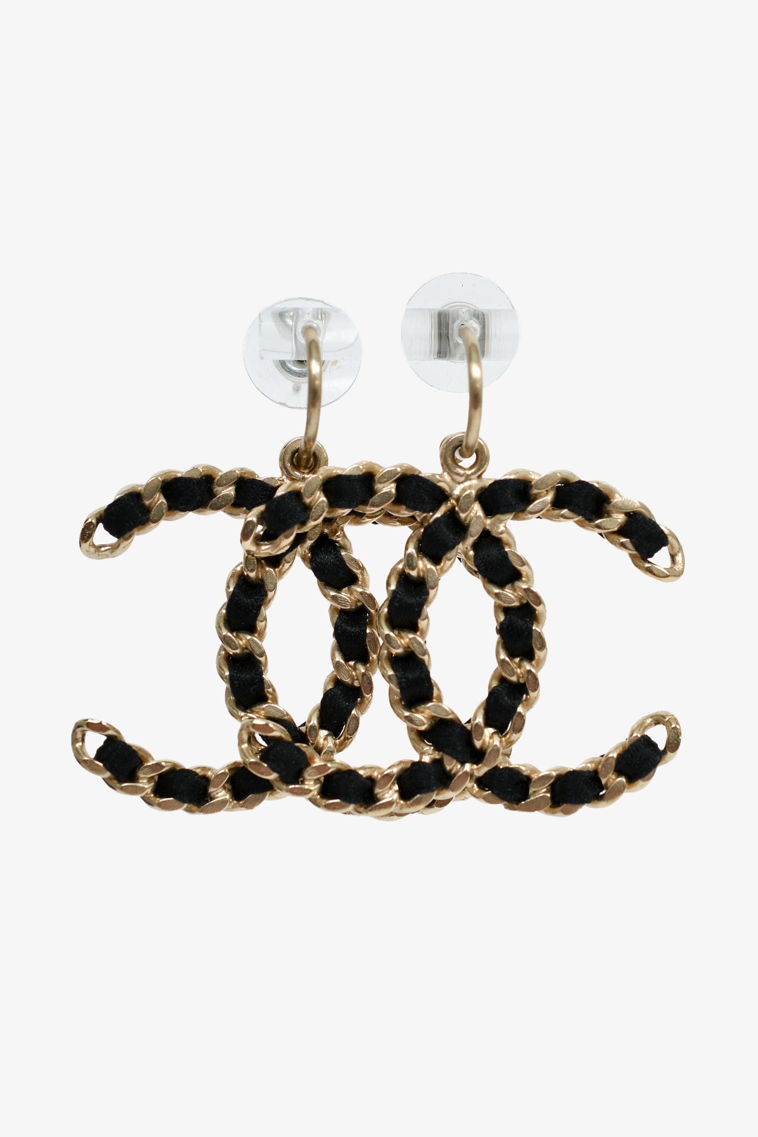 Pre-Loved Chanel™ Gold Toned Black Woven CC Drop Earrings