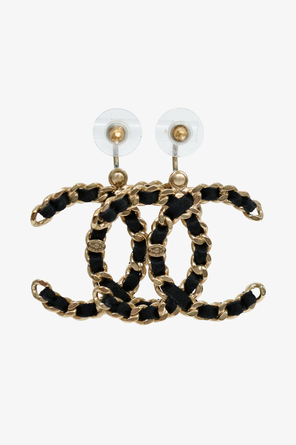 Pre-Loved Chanel™ Gold Toned Black Woven CC Drop Earrings