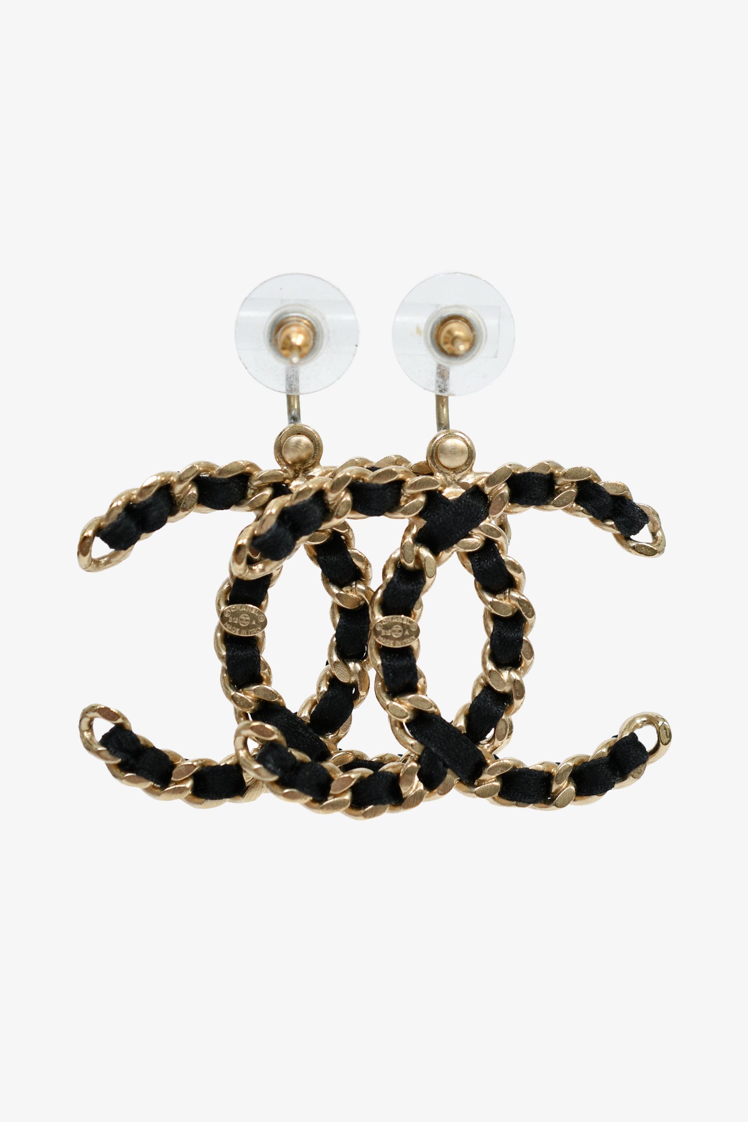 Pre-Loved Chanel™ Gold Toned Black Woven CC Drop Earrings