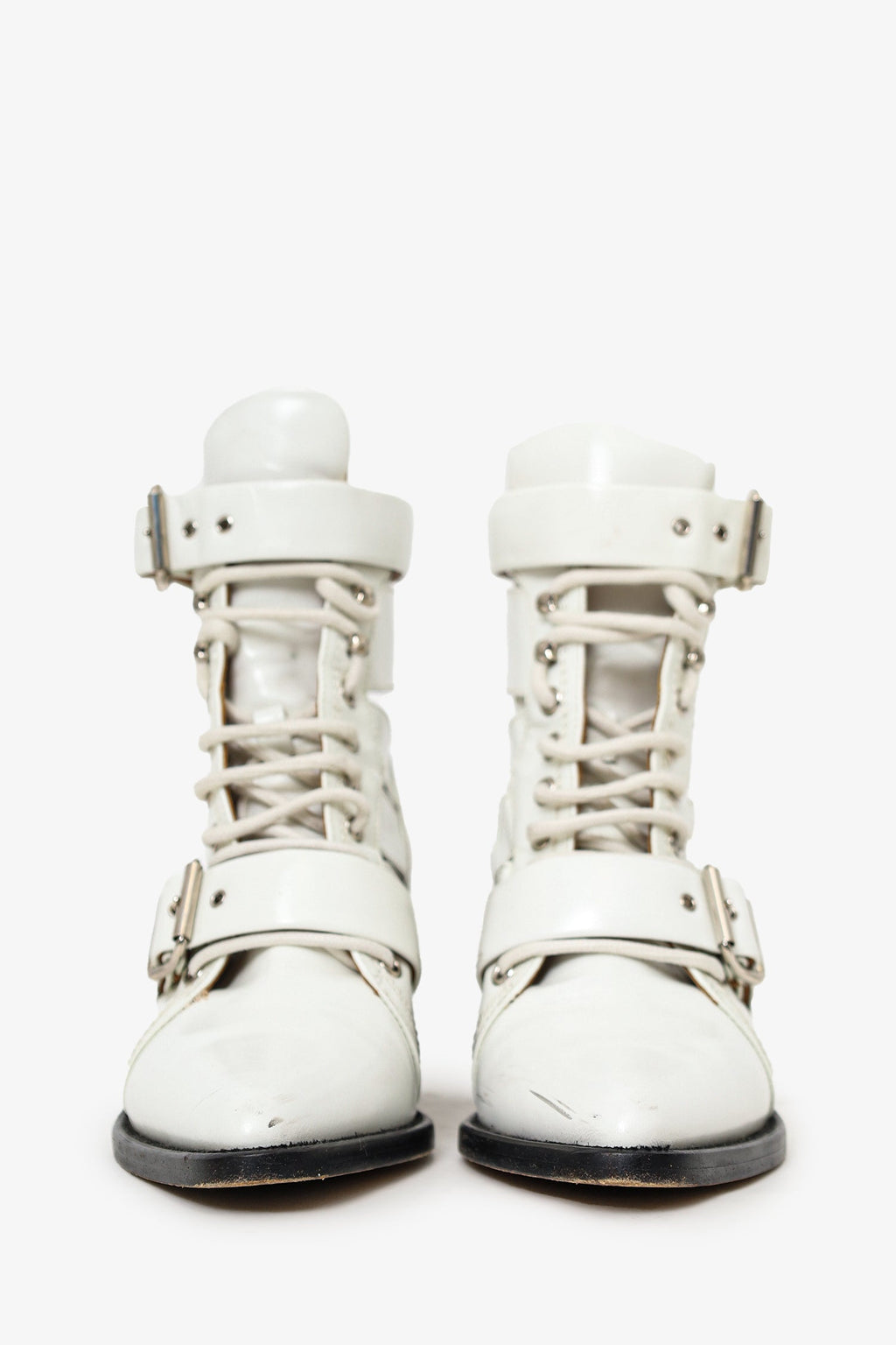 Chloe White Patent Leather Pointed Cut-Out Buckle Detail Block Heel Boots Size 36