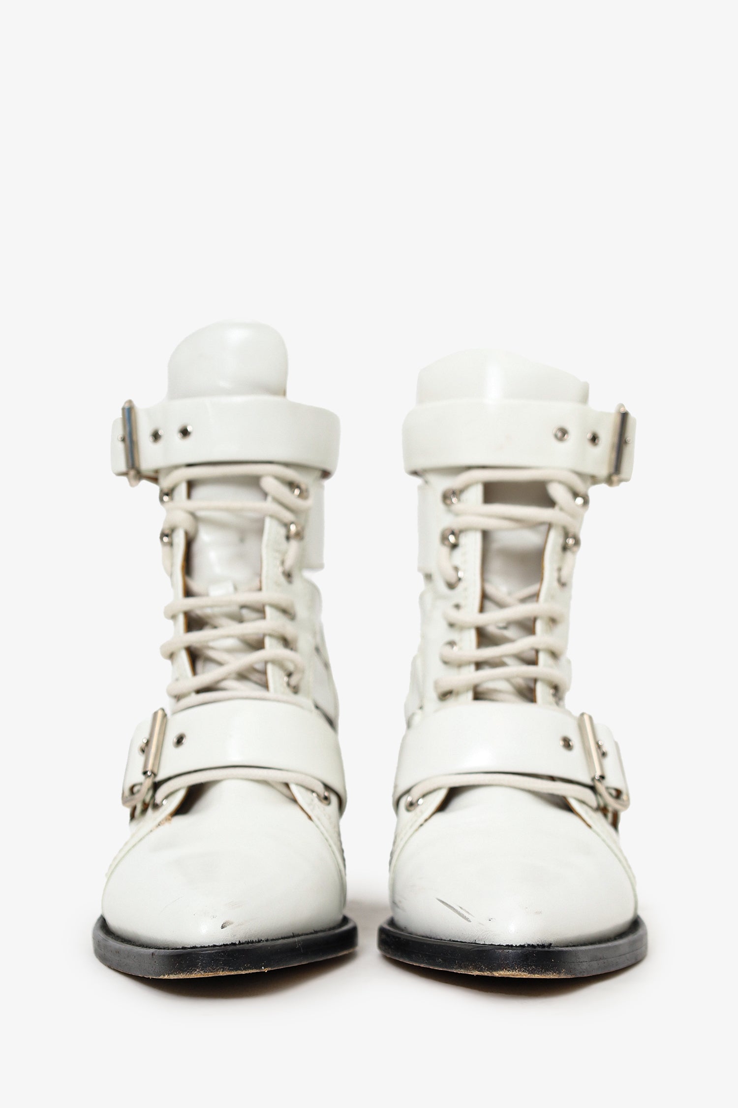Chloe White Patent Leather Pointed Cut-Out Buckle Detail Block Heel Boots Size 36