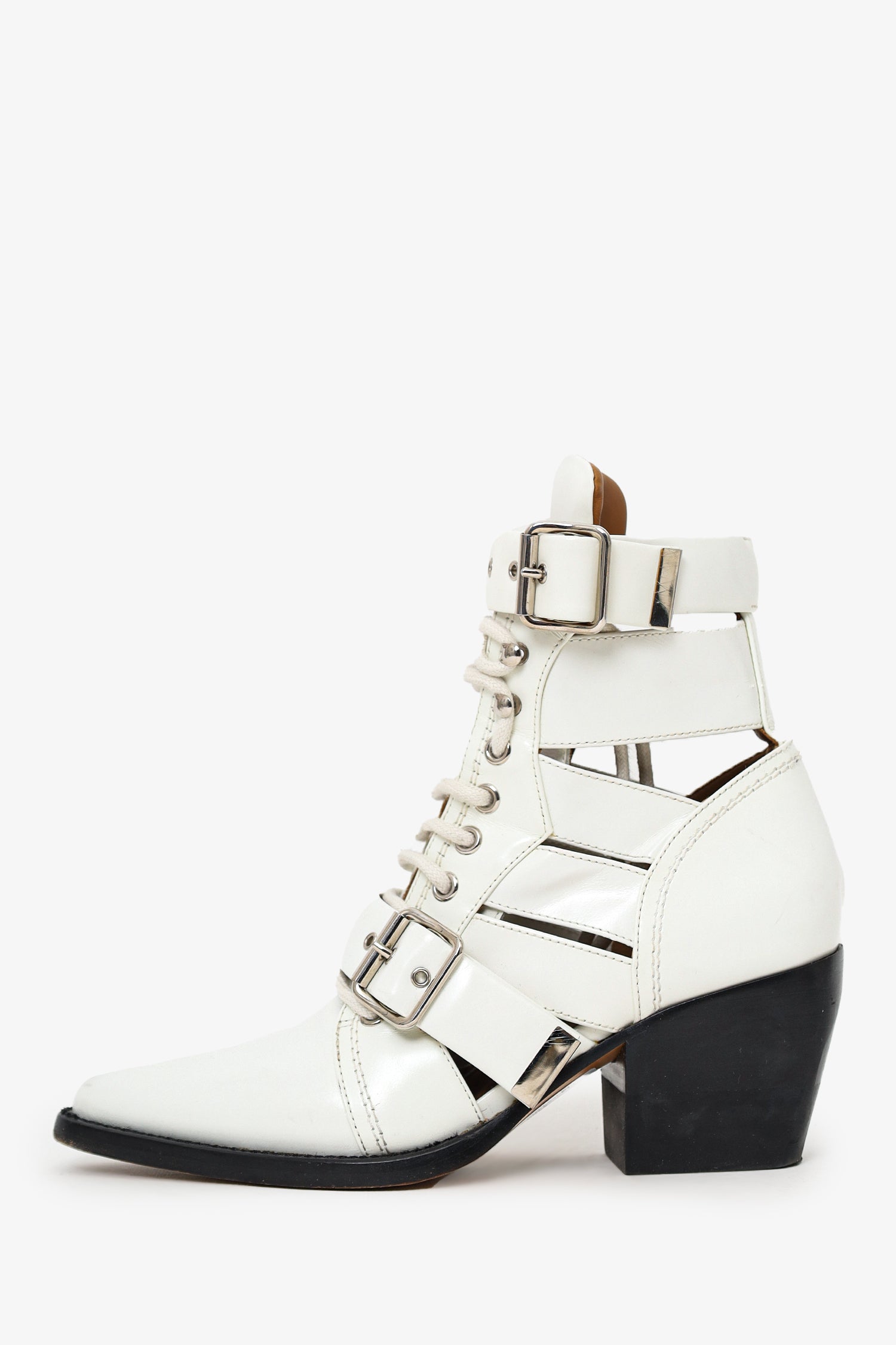 Chloe White Patent Leather Pointed Cut-Out Buckle Detail Block Heel Boots Size 36