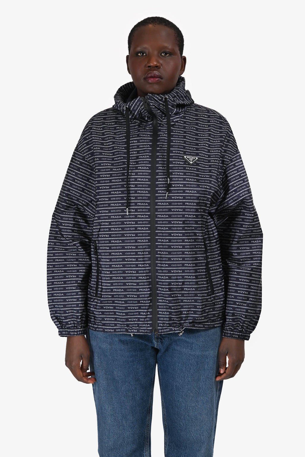 Prada Navy Logo Nylon Triangle Windbreaker Jacket Size 40