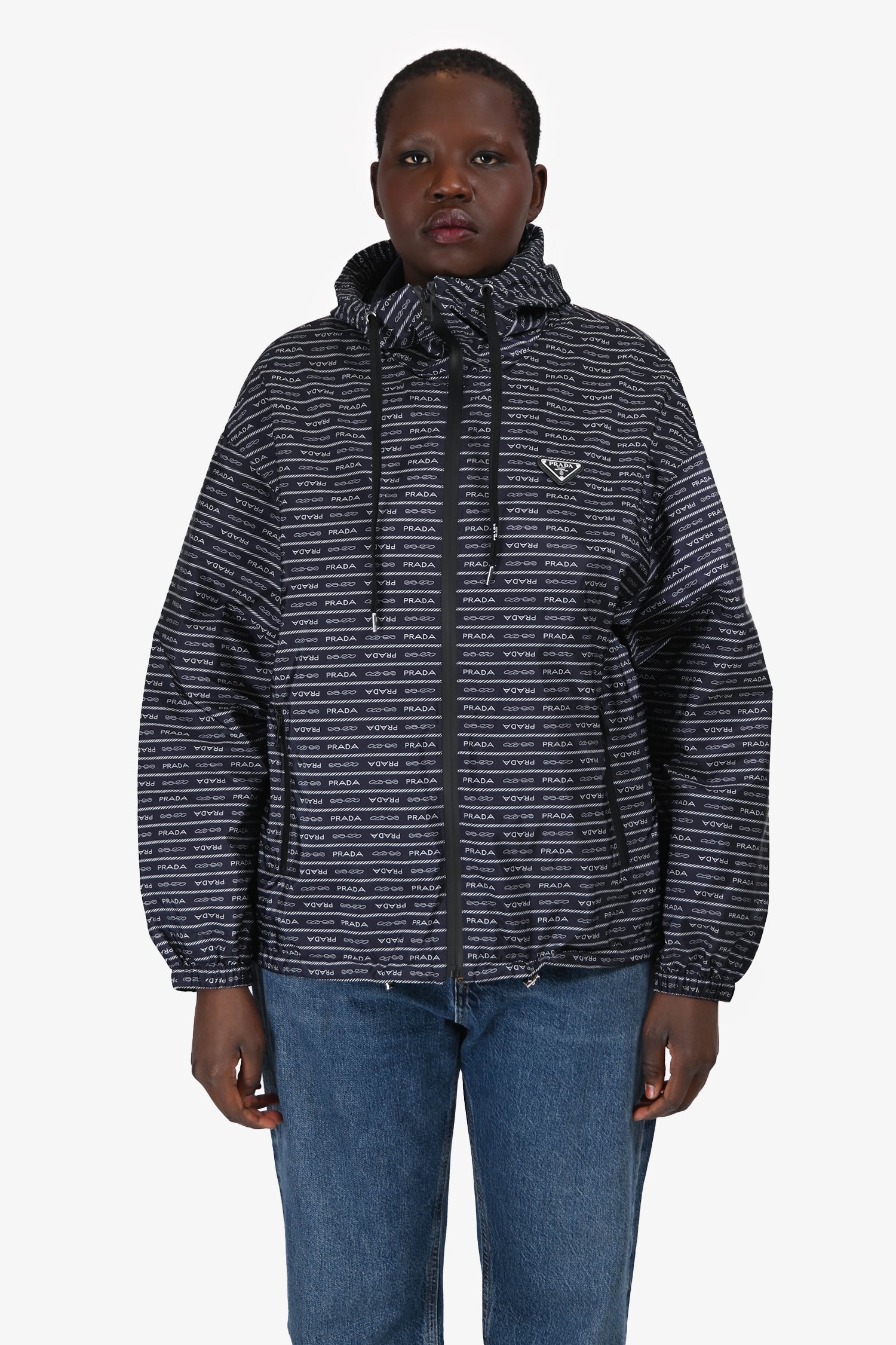 Prada Navy Logo Nylon Triangle Windbreaker Jacket Size 40