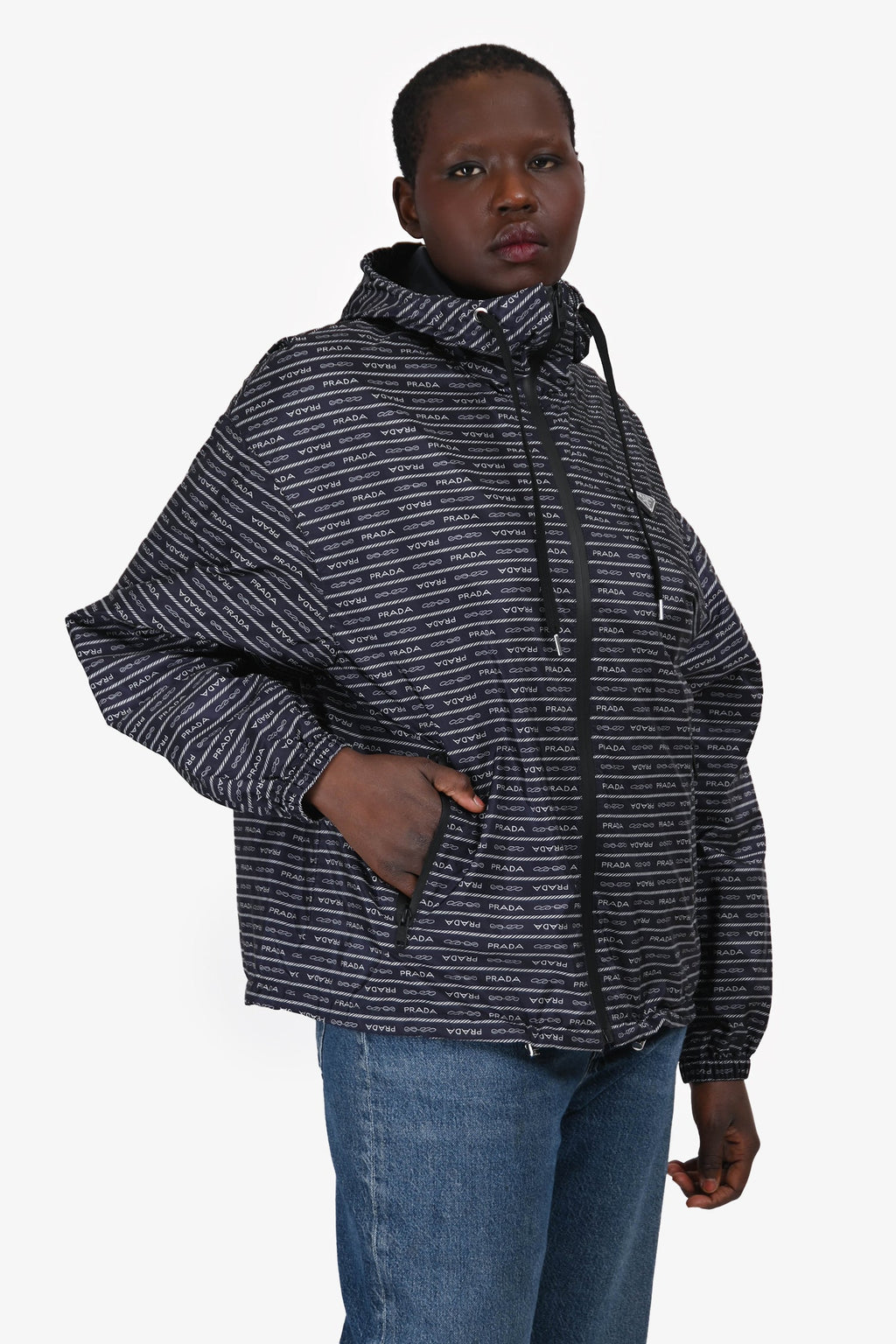 Prada Navy Logo Nylon Triangle Windbreaker Jacket Size 40