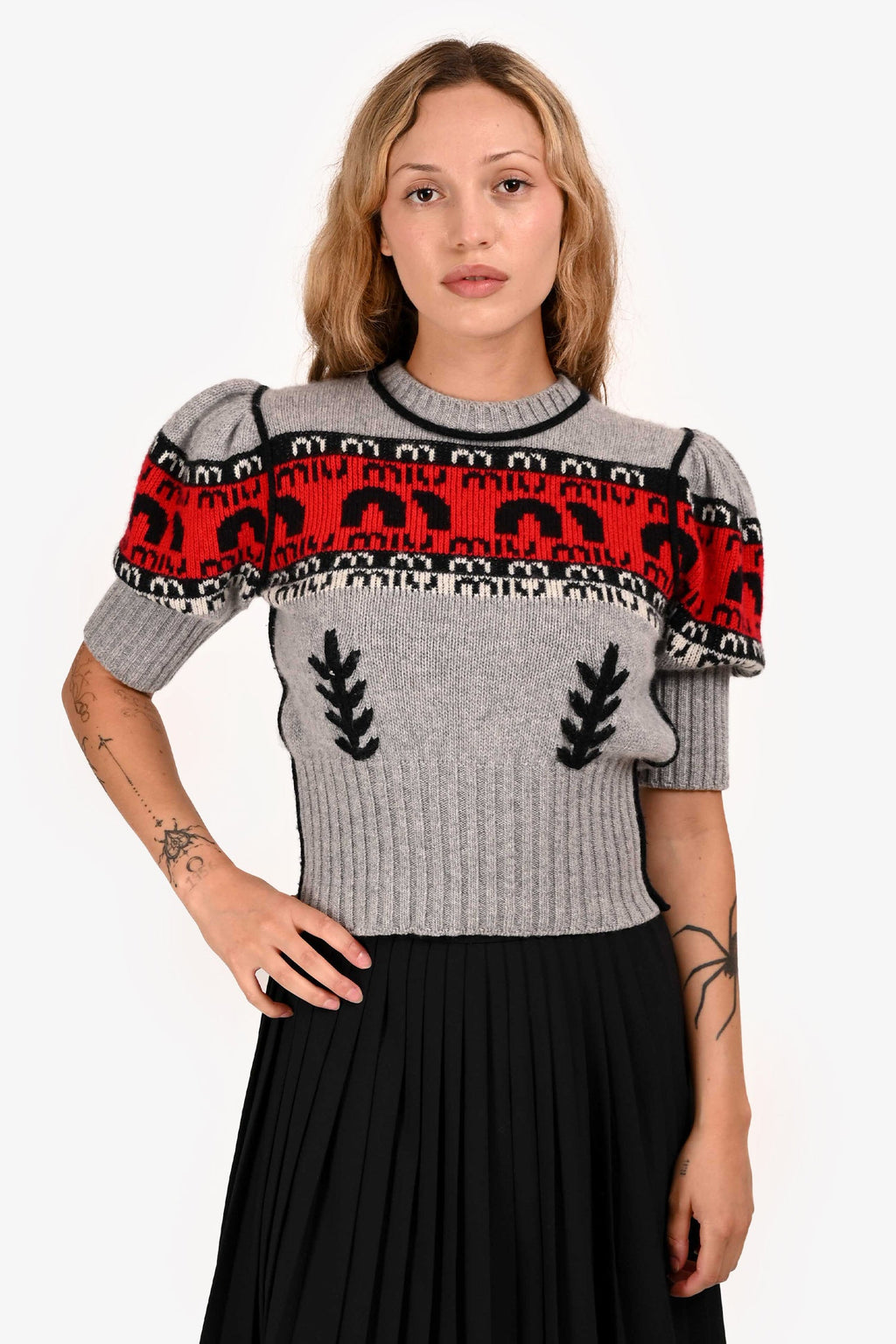 Miu Miu 2017 Grey/Red Wool 'M' Logo Sweater Size 38