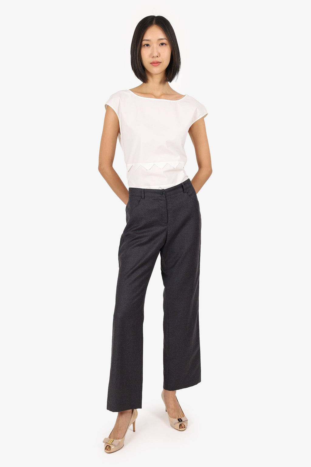Pre-Loved Chanel™ Grey Wool Straight Leg Trousers Size 40