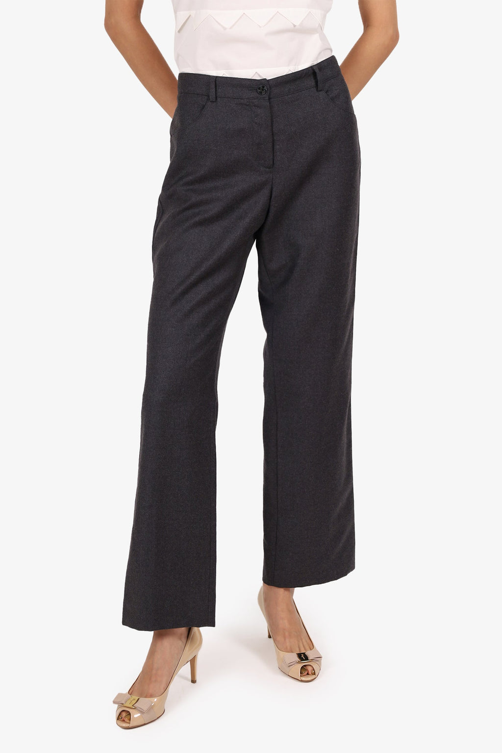 Pre-Loved Chanel™ Grey Wool Straight Leg Trousers Size 40