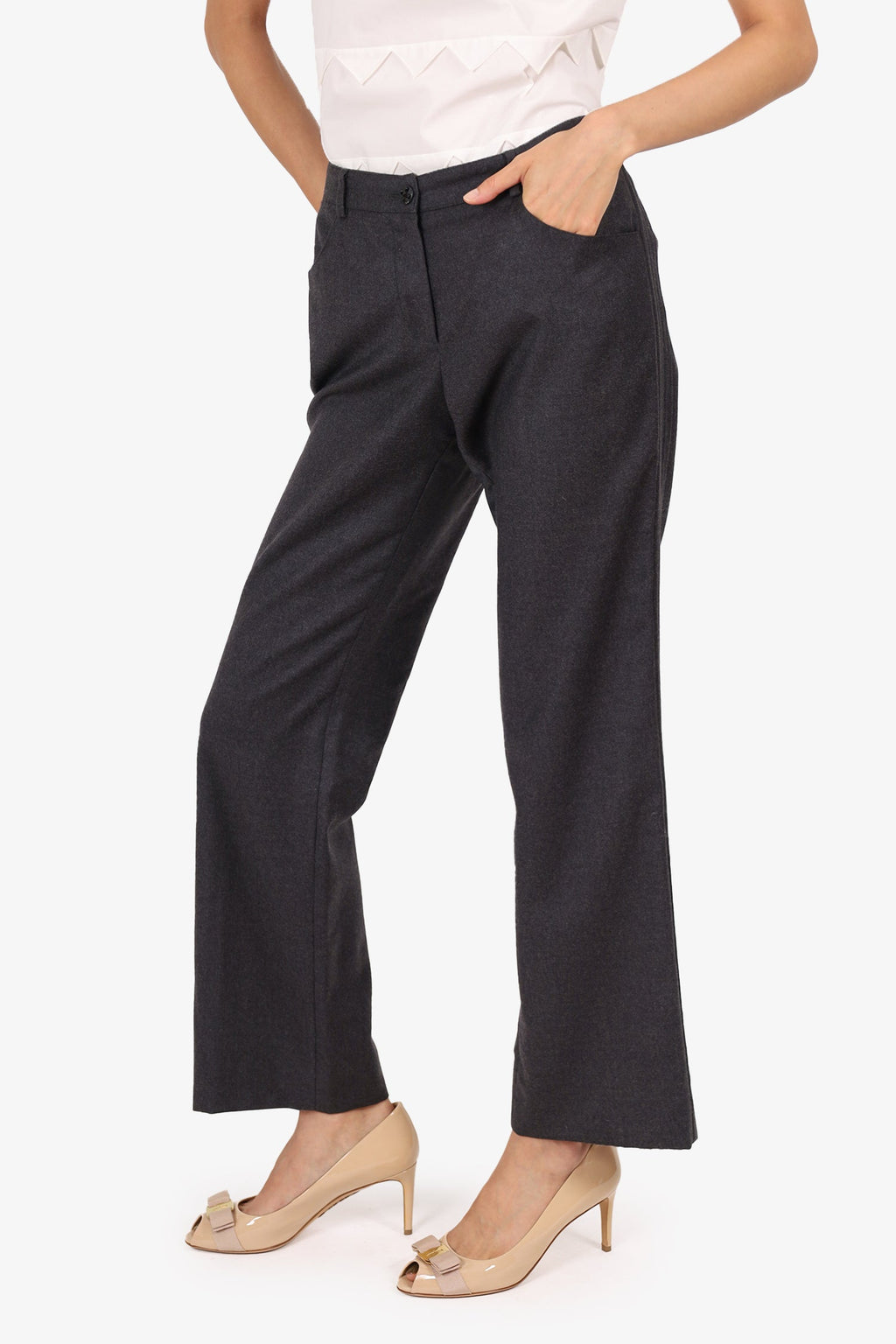 Pre-Loved Chanel™ Grey Wool Straight Leg Trousers Size 40