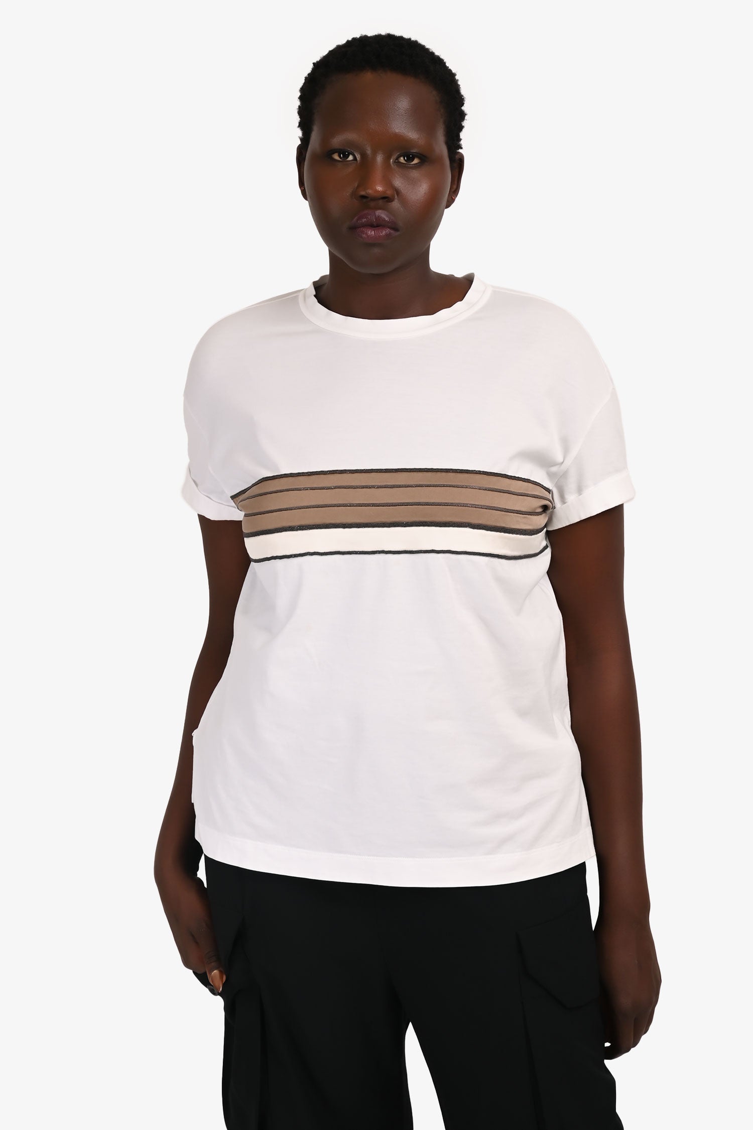 Brunello Cucinelli White Patterned Detail T-Shirt Size XL