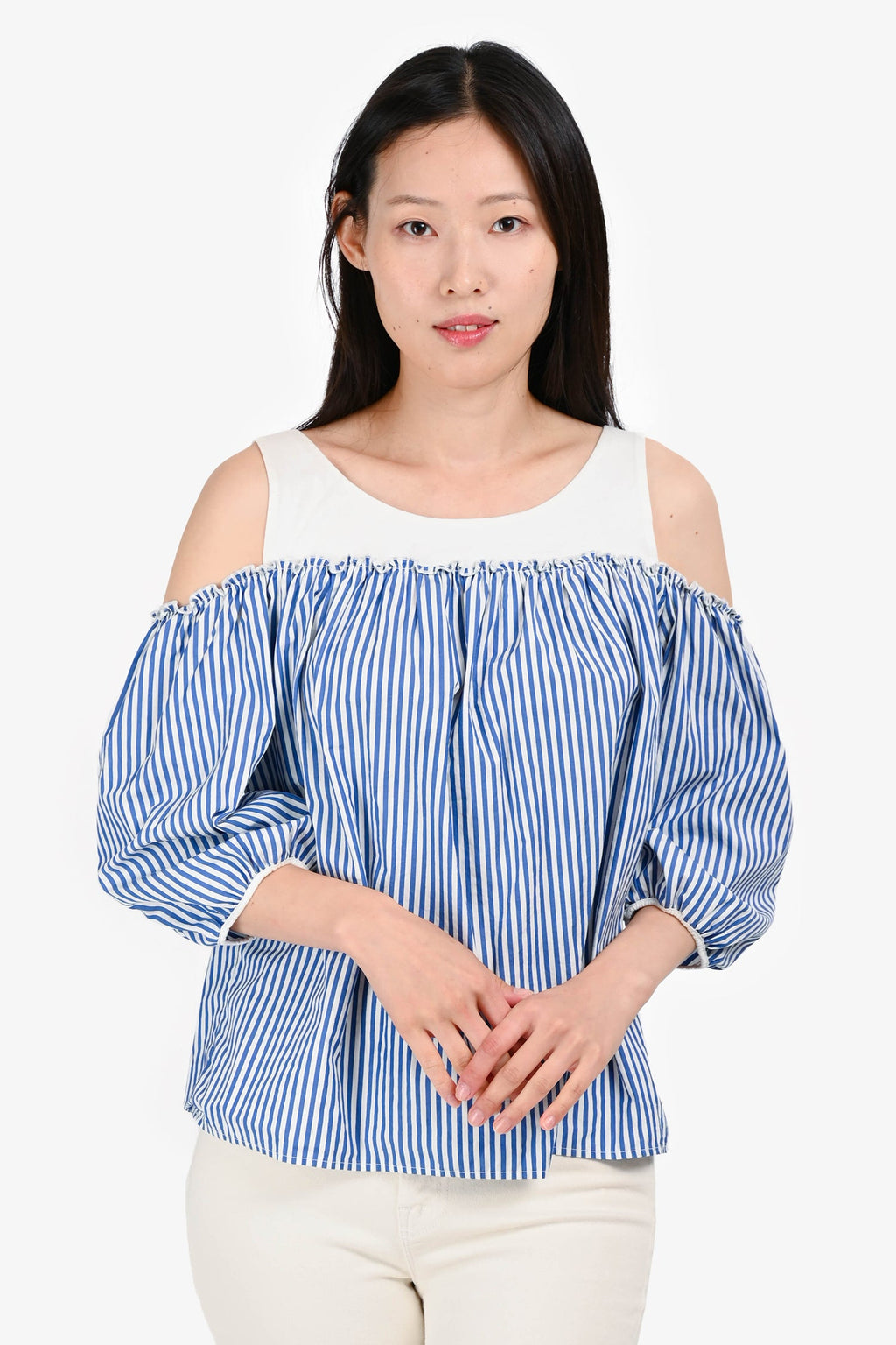 Max Mara Blue/White Stripe 3/4 Length Sleeve Off Shoulder Top Size S