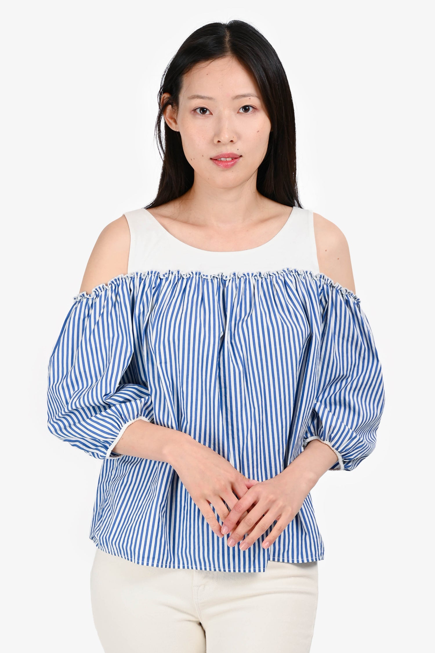 Max Mara Blue/White Stripe 3/4 Length Sleeve Off Shoulder Top Size S