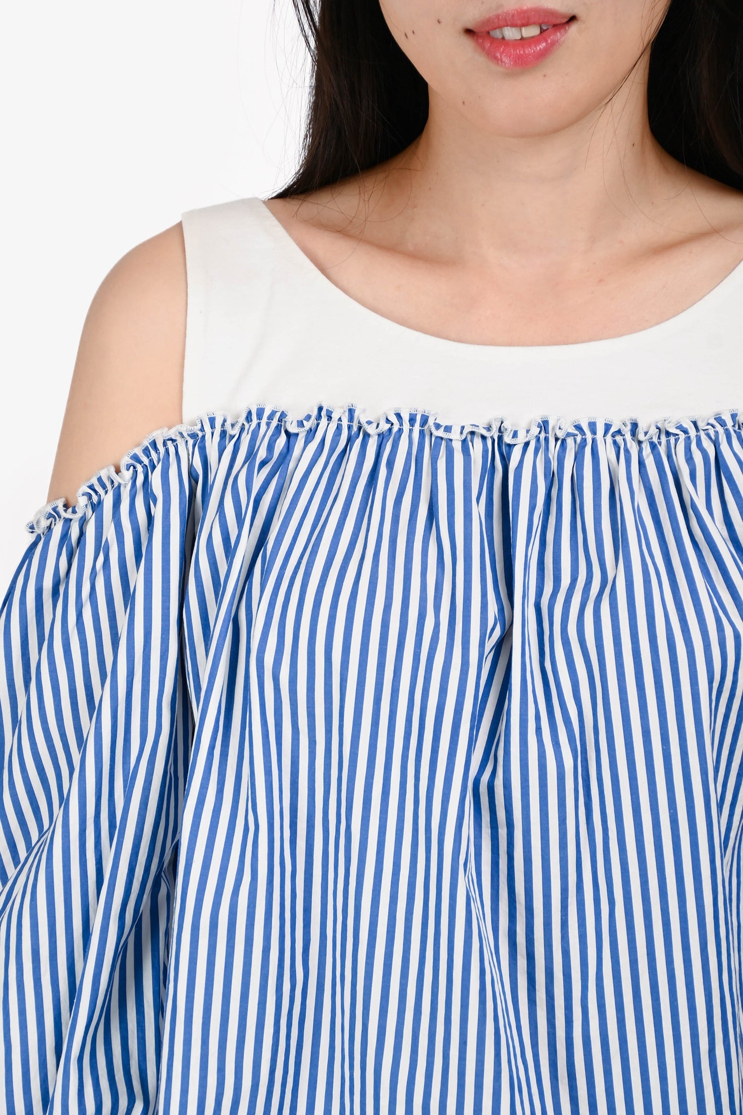 Max Mara Blue/White Stripe 3/4 Length Sleeve Off Shoulder Top Size S