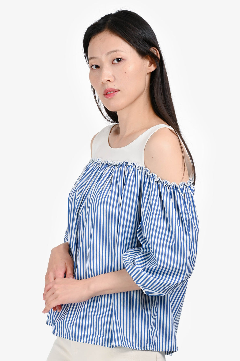 Max Mara Blue/White Stripe 3/4 Length Sleeve Off Shoulder Top Size S