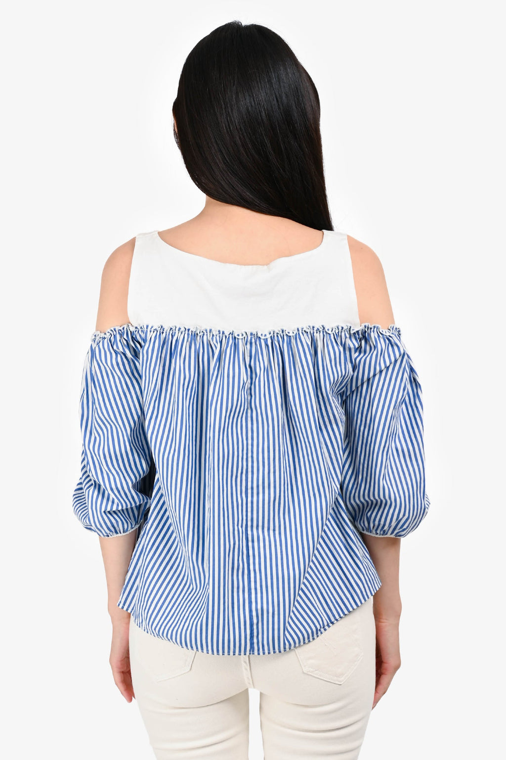 Max Mara Blue/White Stripe 3/4 Length Sleeve Off Shoulder Top Size S
