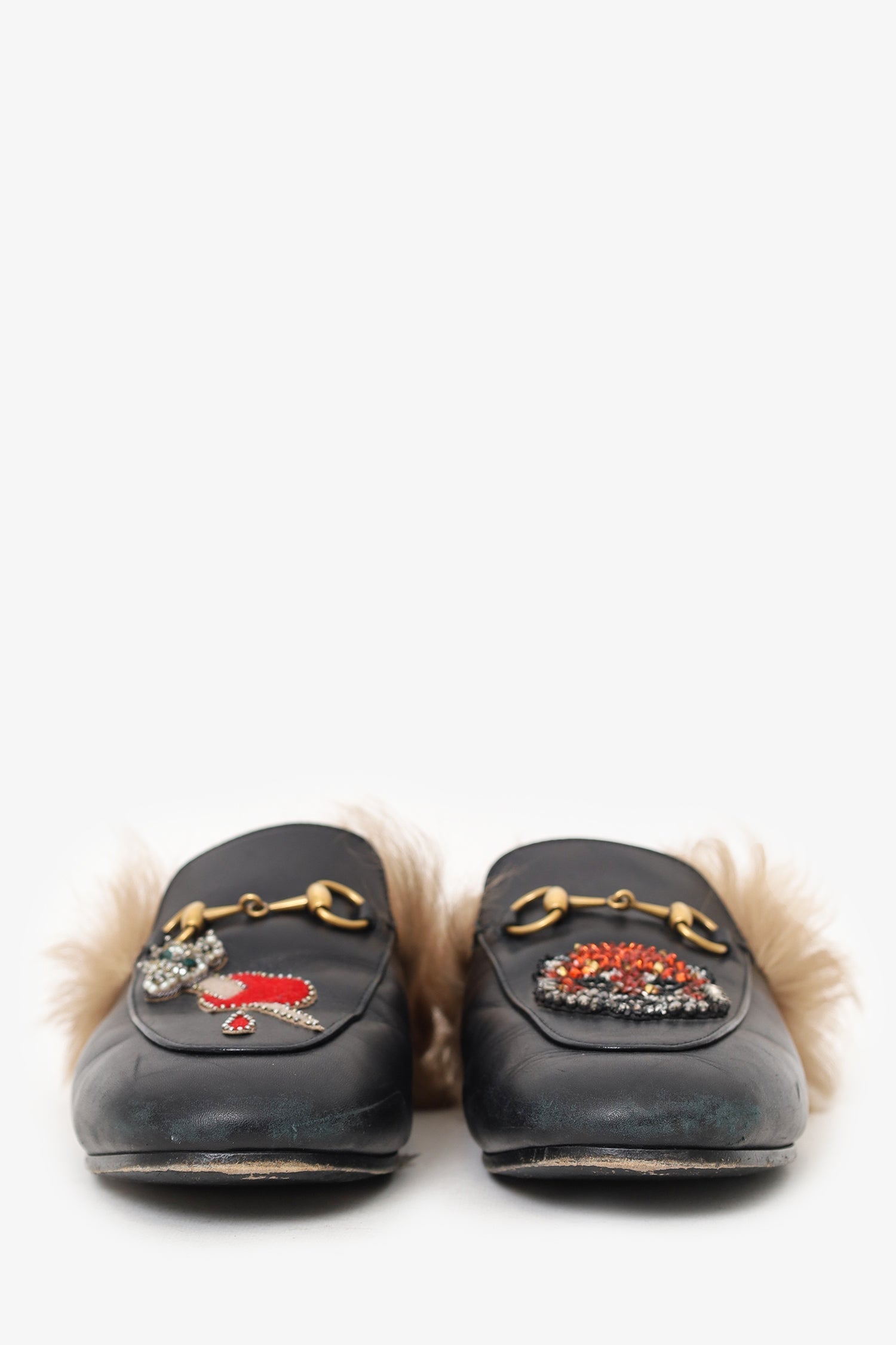 Gucci Black Leather Crystal Embellished Fur Princeton Slip-On Loafers Size 37