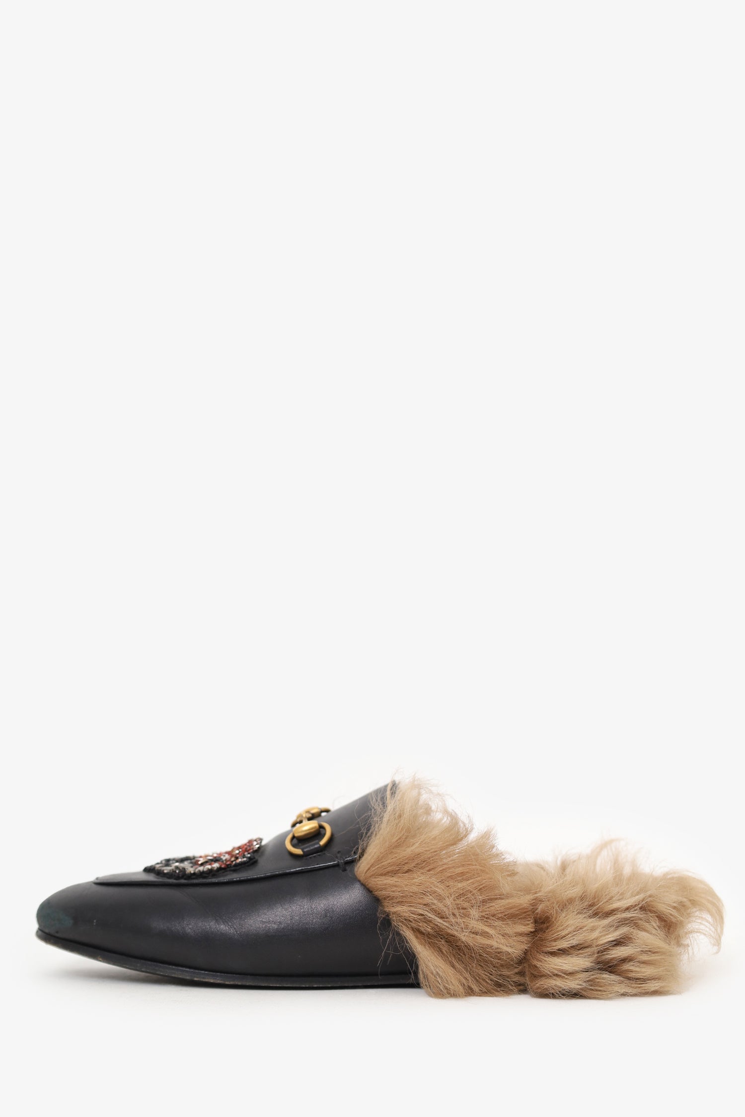 Gucci Black Leather Crystal Embellished Fur Princeton Slip-On Loafers Size 37
