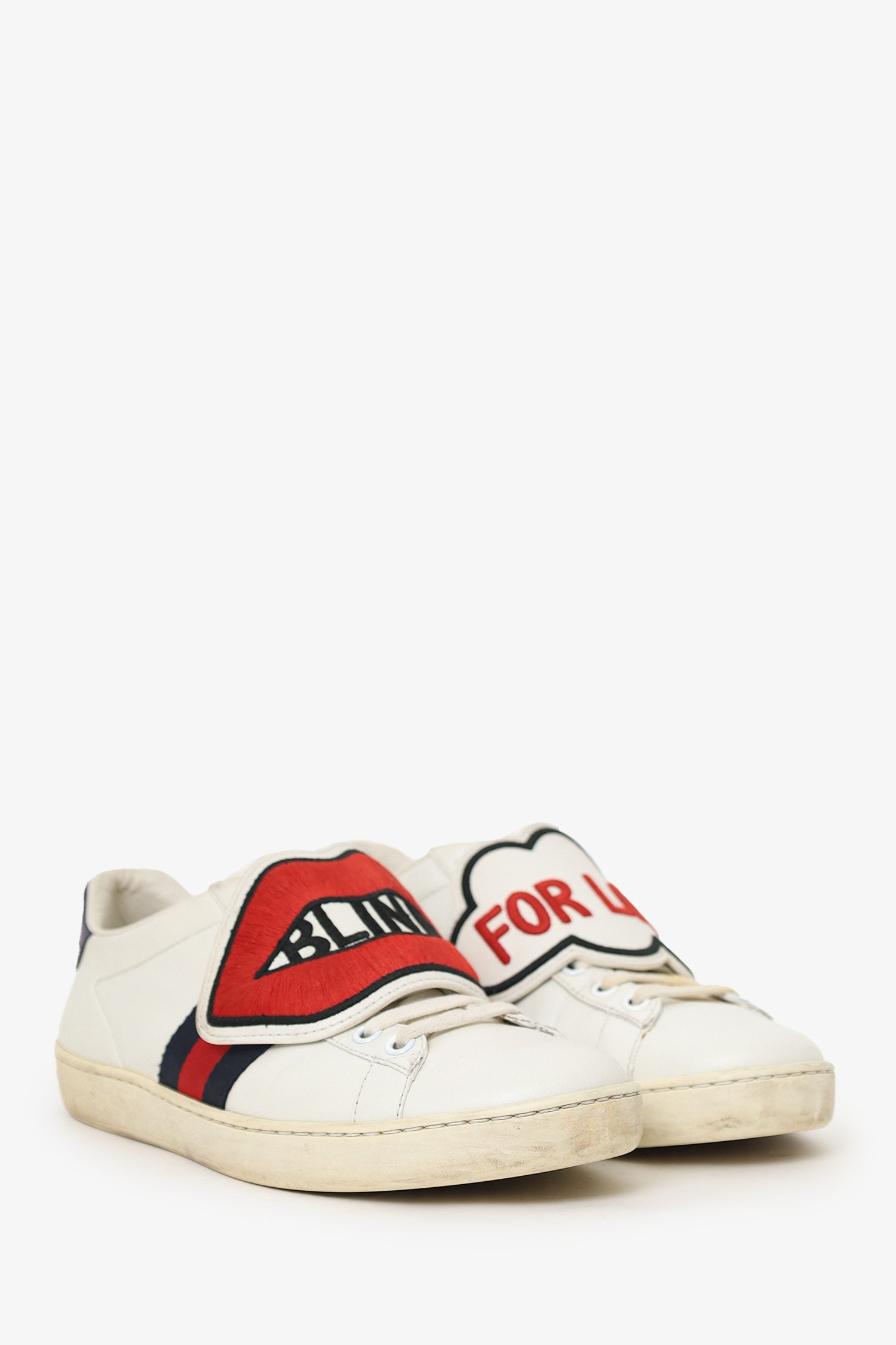 Gucci White Leather Blind For Love Patch Web Ace Sneakers Size 37