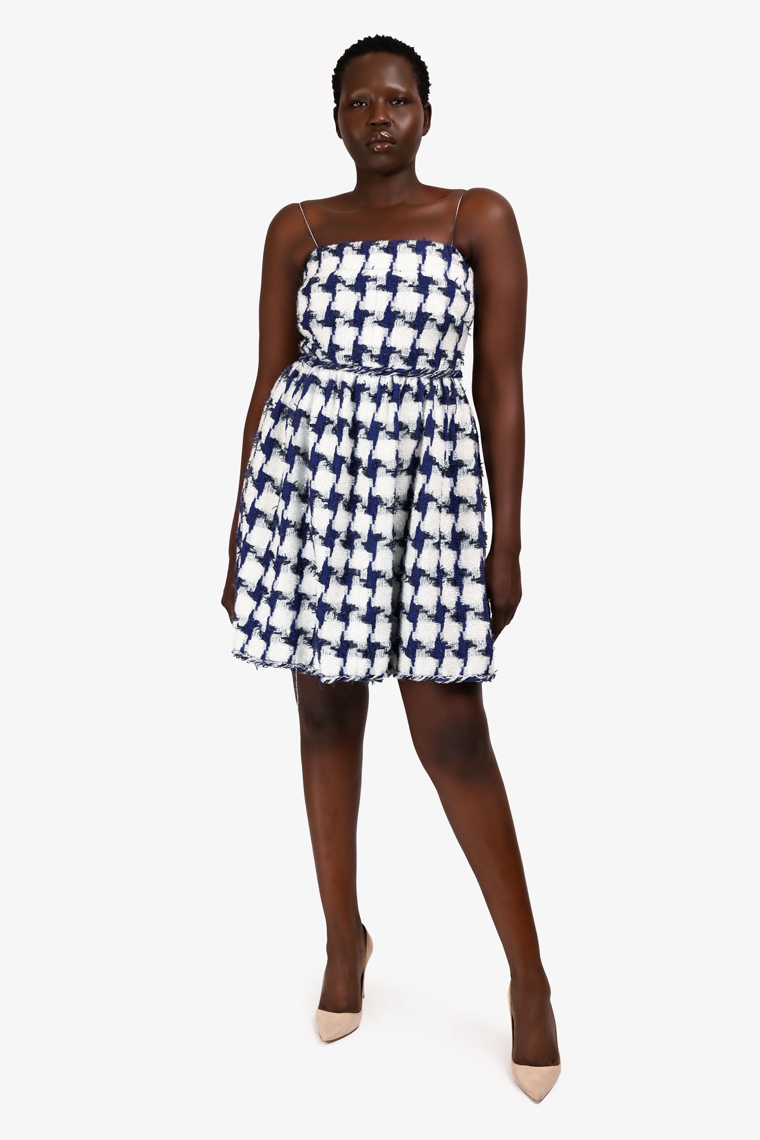 Pre-Loved Chanel™ Blue/White Metallic Knit Tweed Mini Dress Size 36