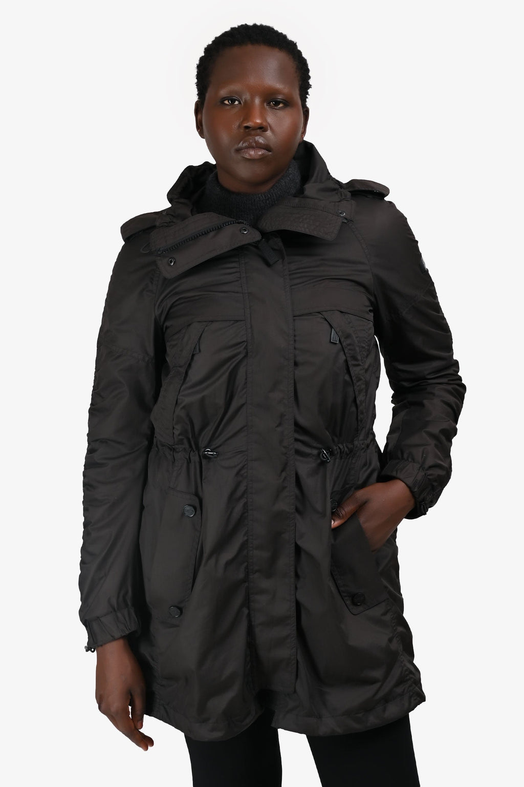 Burberry Black Nylon Cinch Waist Trench Coat Size 10