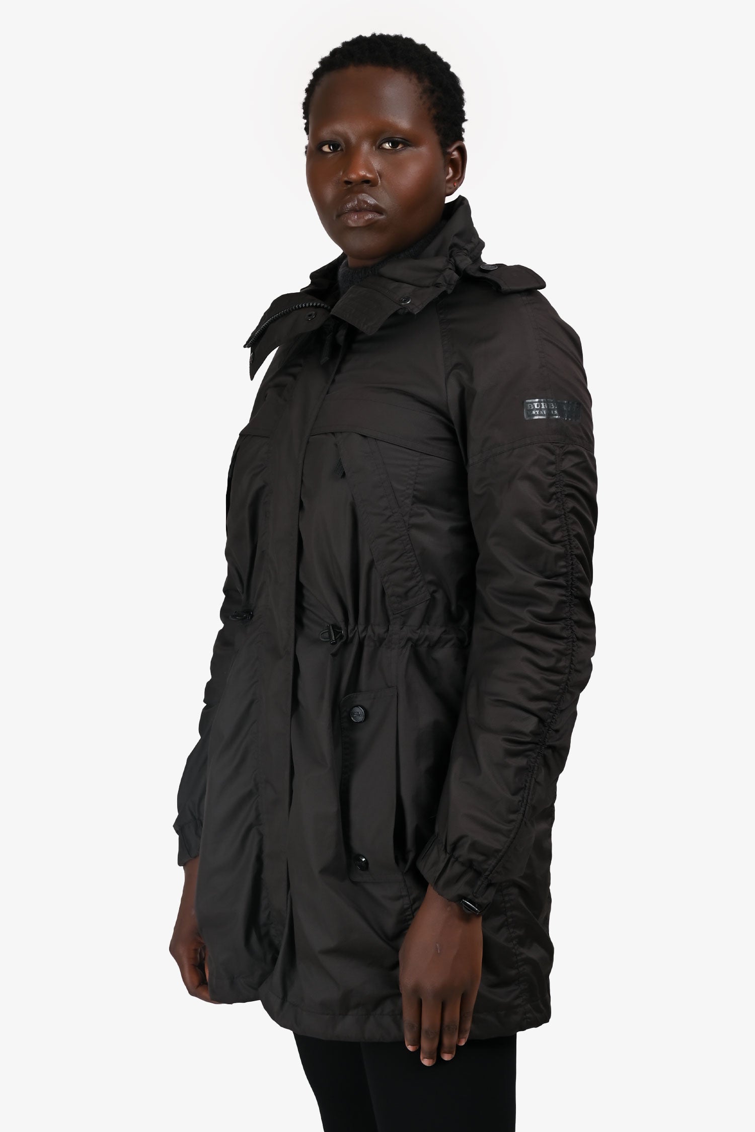 Burberry Black Nylon Cinch Waist Trench Coat Size 10