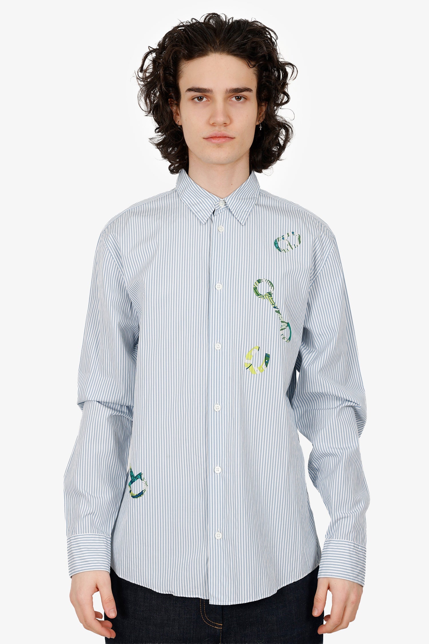 Hermès Blue/White Striped Horsebit Print Long Sleeve Shirt Size 39 Mens