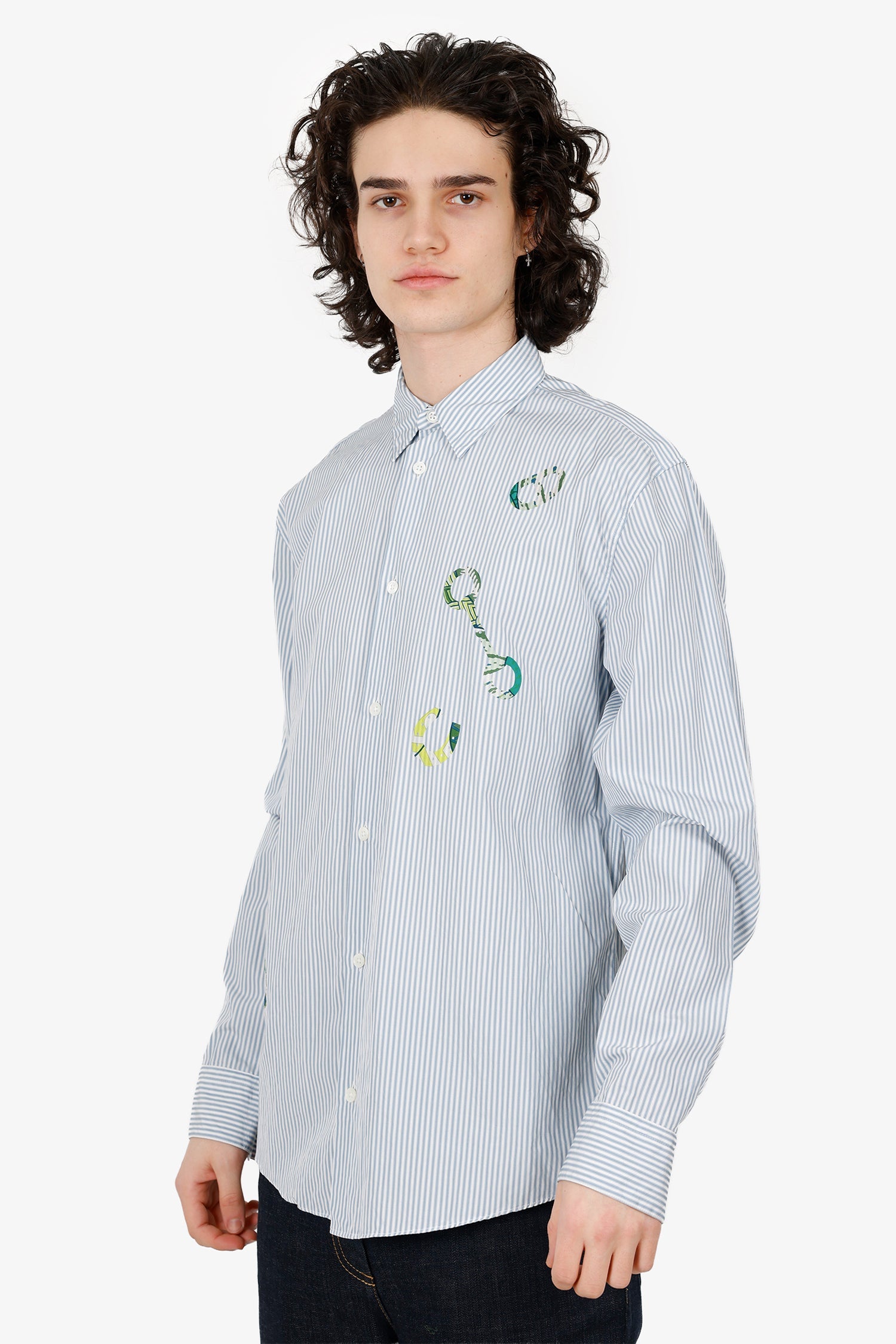 Hermès Blue/White Striped Horsebit Print Long Sleeve Shirt Size 39 Mens