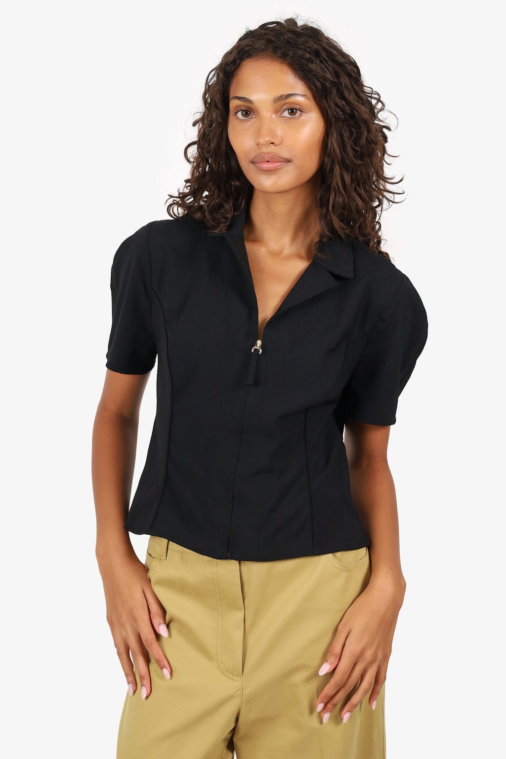 Jacquemus Black Cut-Out Back Zip Up Cropped Blouse Size 46