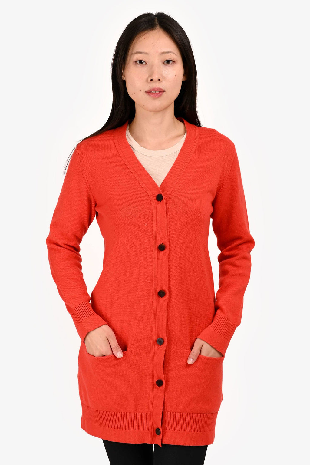Hermès Red Cashmere Knit Long Buttoned igan Size 34