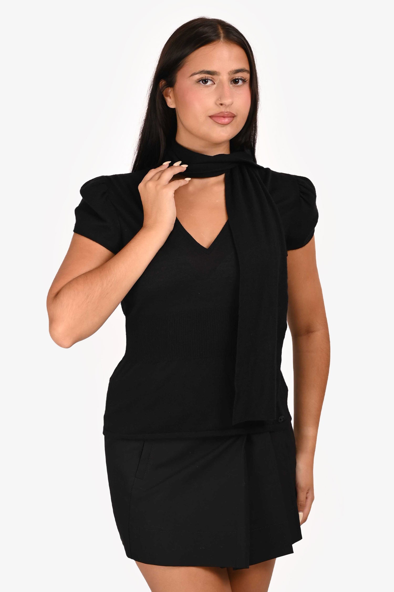 Pre-Loved Chanel™ 2007 Black Cashmere/Silk Short Sleeve Tie Detail Top Size 42