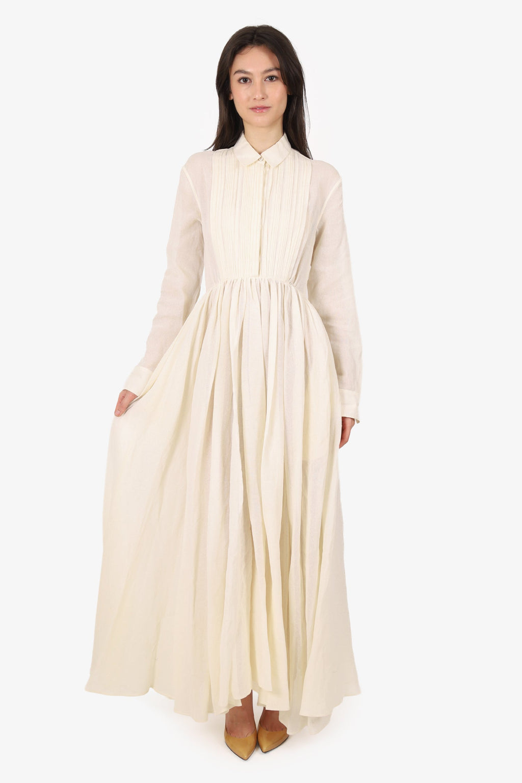 Jil Sander White Japanese Washi Paper Buttoned Pleated Long Sleeve Maxi Dress Size 34
