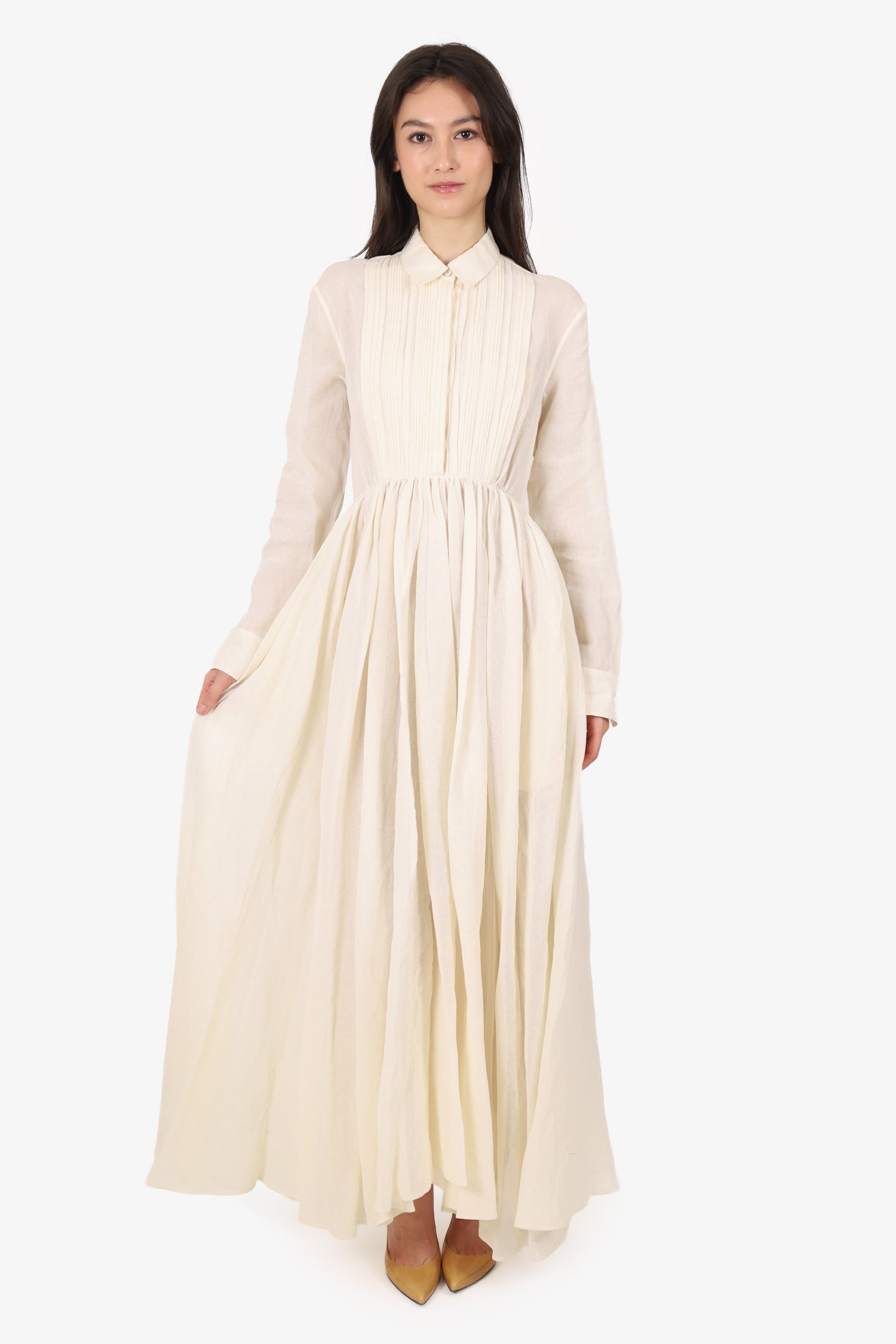 Jil Sander White Japanese Washi Paper Buttoned Pleated Long Sleeve Maxi Dress Size 34