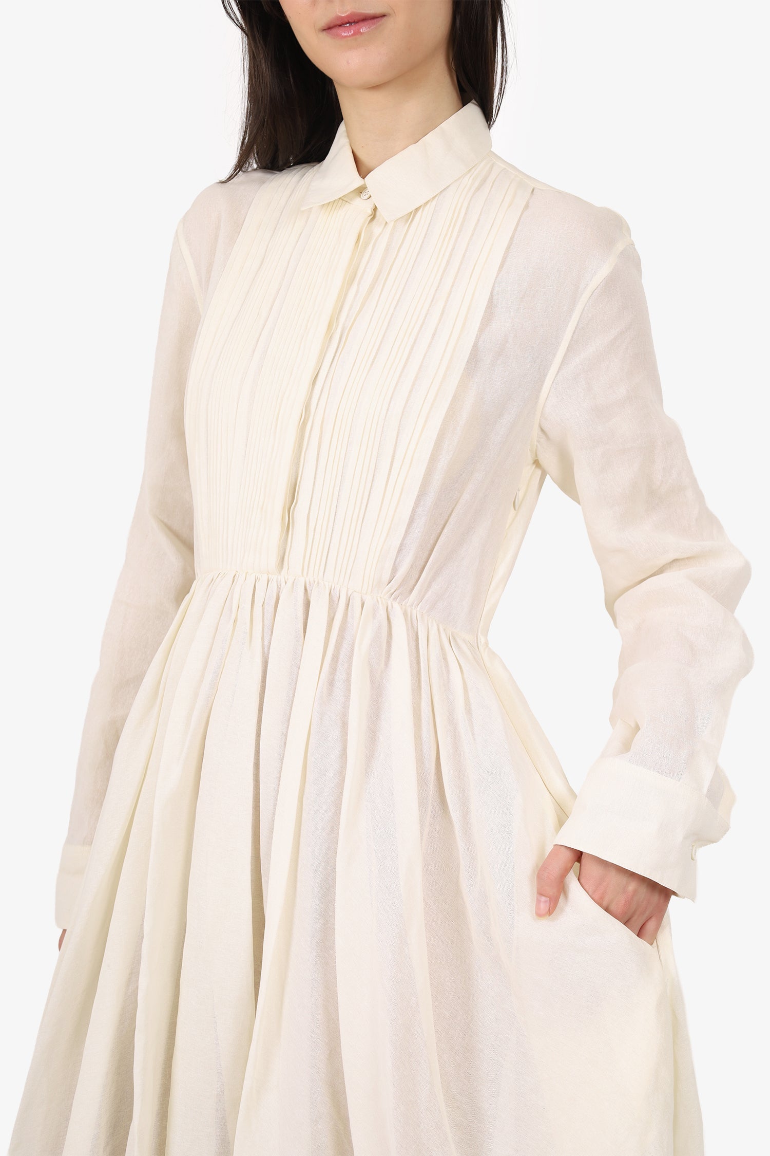 Jil Sander White Japanese Washi Paper Buttoned Pleated Long Sleeve Maxi Dress Size 34