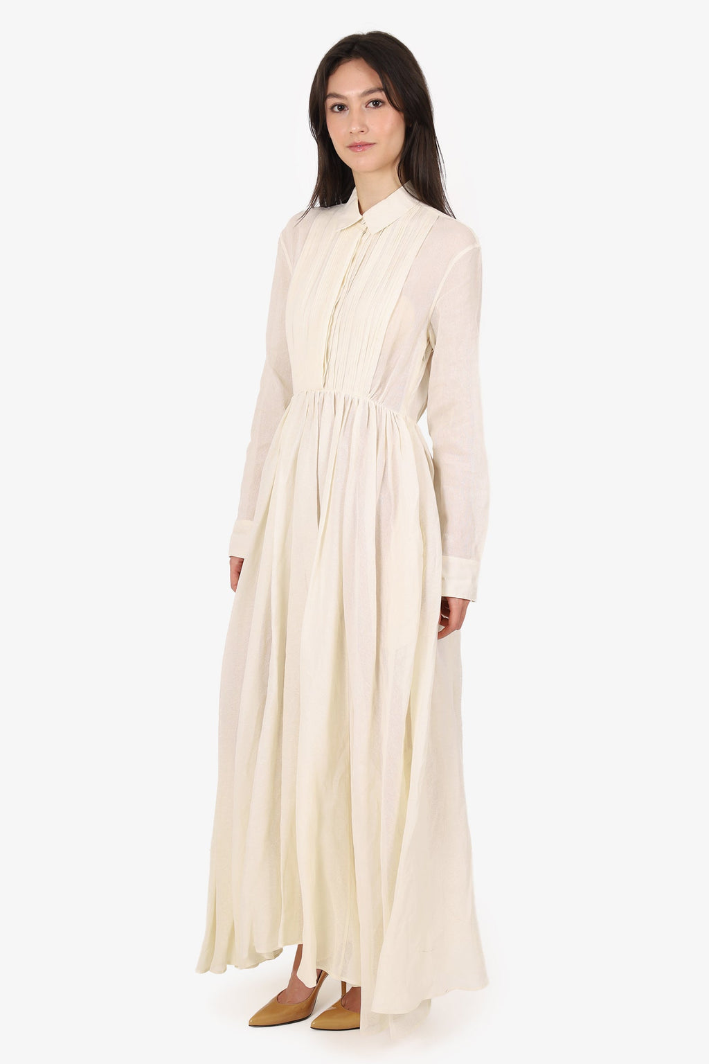 Jil Sander White Japanese Washi Paper Buttoned Pleated Long Sleeve Maxi Dress Size 34