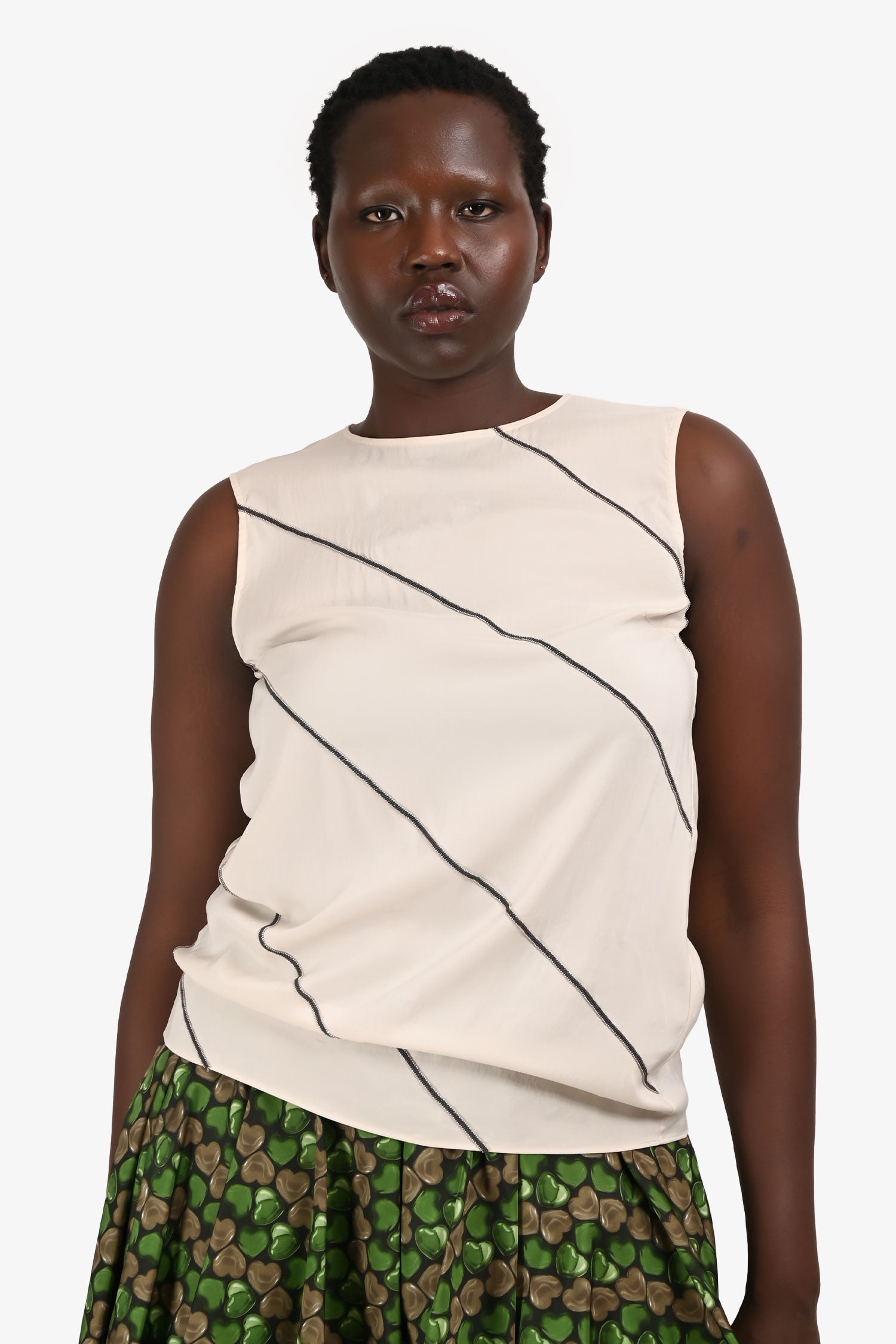 Brunello Cucinelli White Silk Sleeveless Bead Detail Top Size M