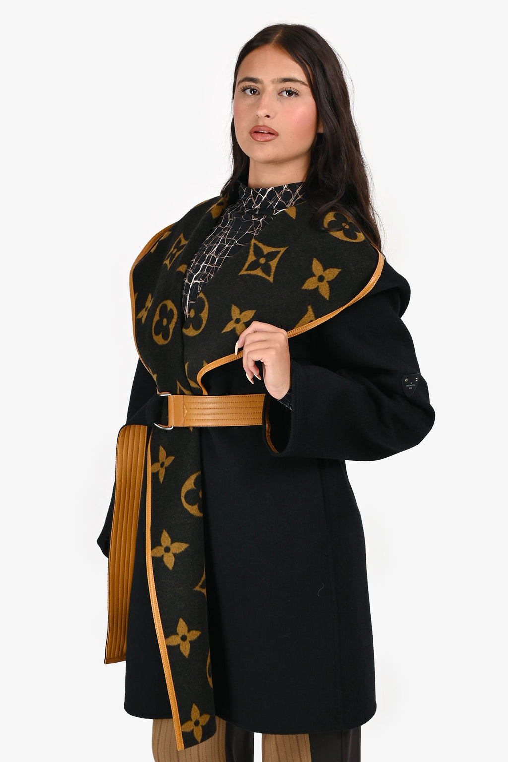 Louis Vuitton Black/Yellow Monogram Wool Leather Belted Wrap Coat Size 42