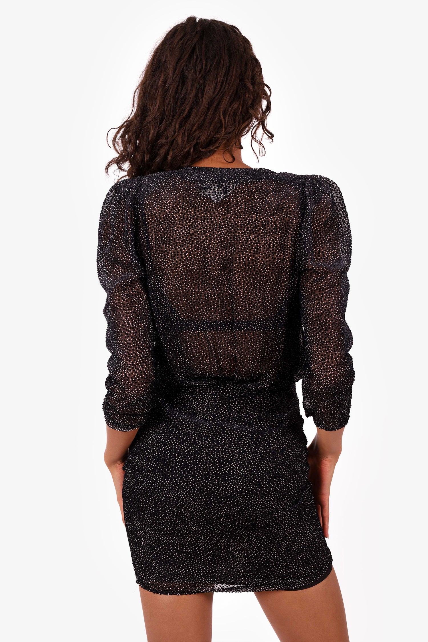 Ba&sh Black Celia Velvet Flocked Dot Quartered-Sleeve Ruffle Cocktail Dress Size XS