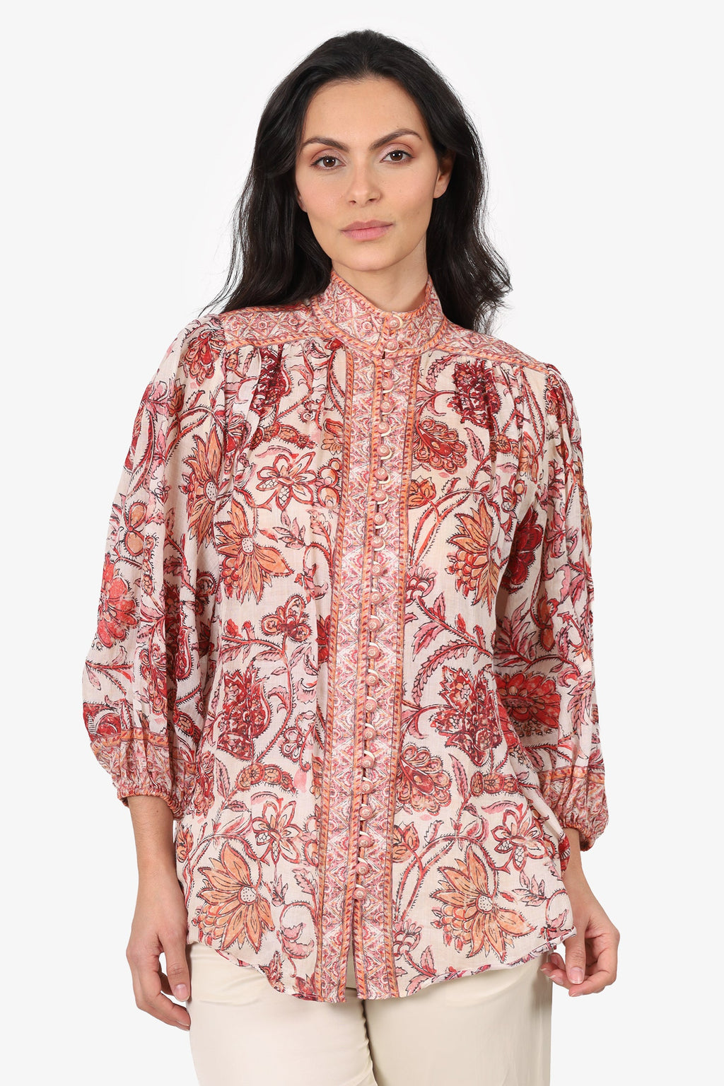 Zimmermann Red/White Vitali Floral Ramie Blouse Size 1