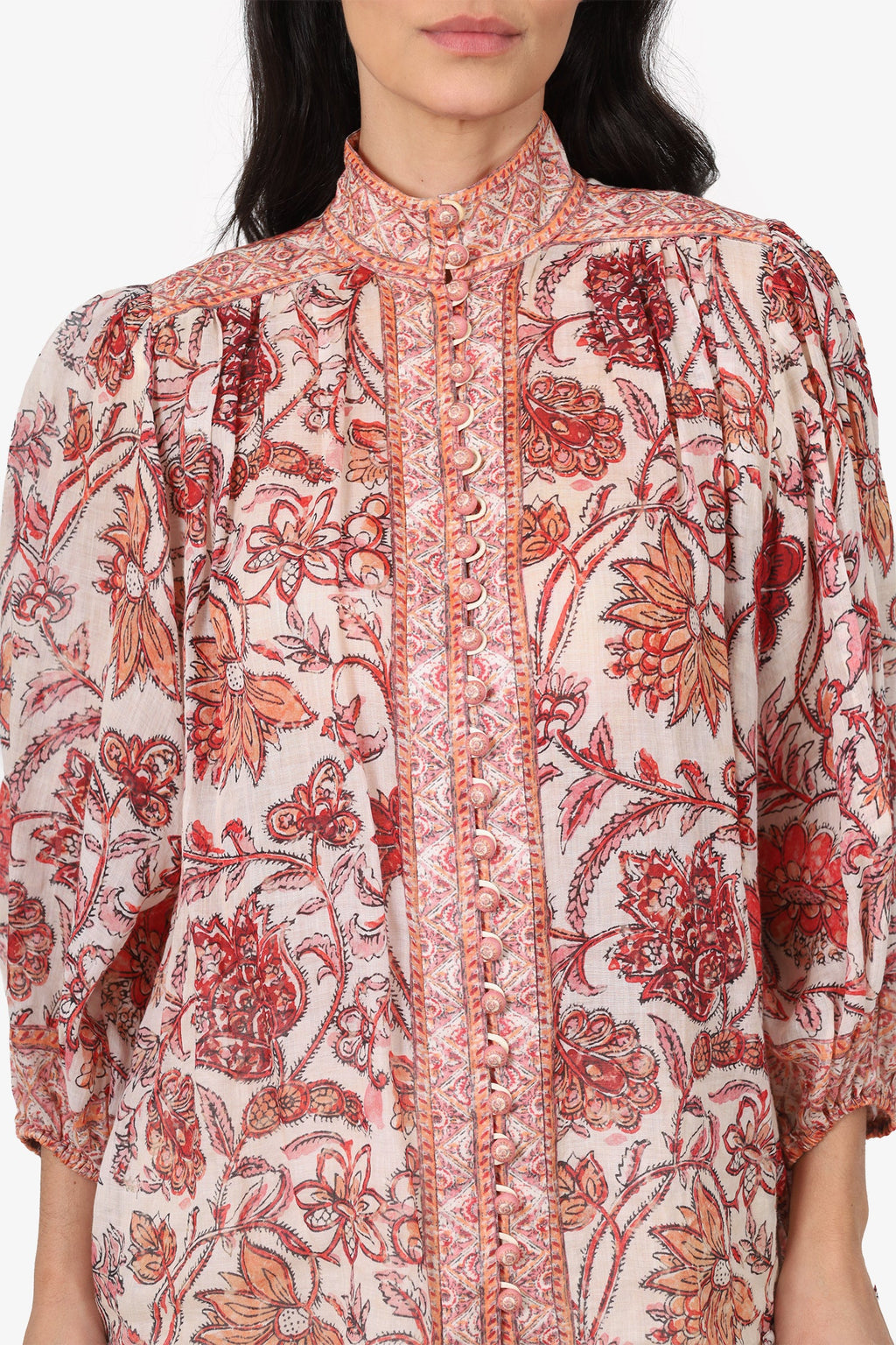 Zimmermann Red/White Vitali Floral Ramie Blouse Size 1
