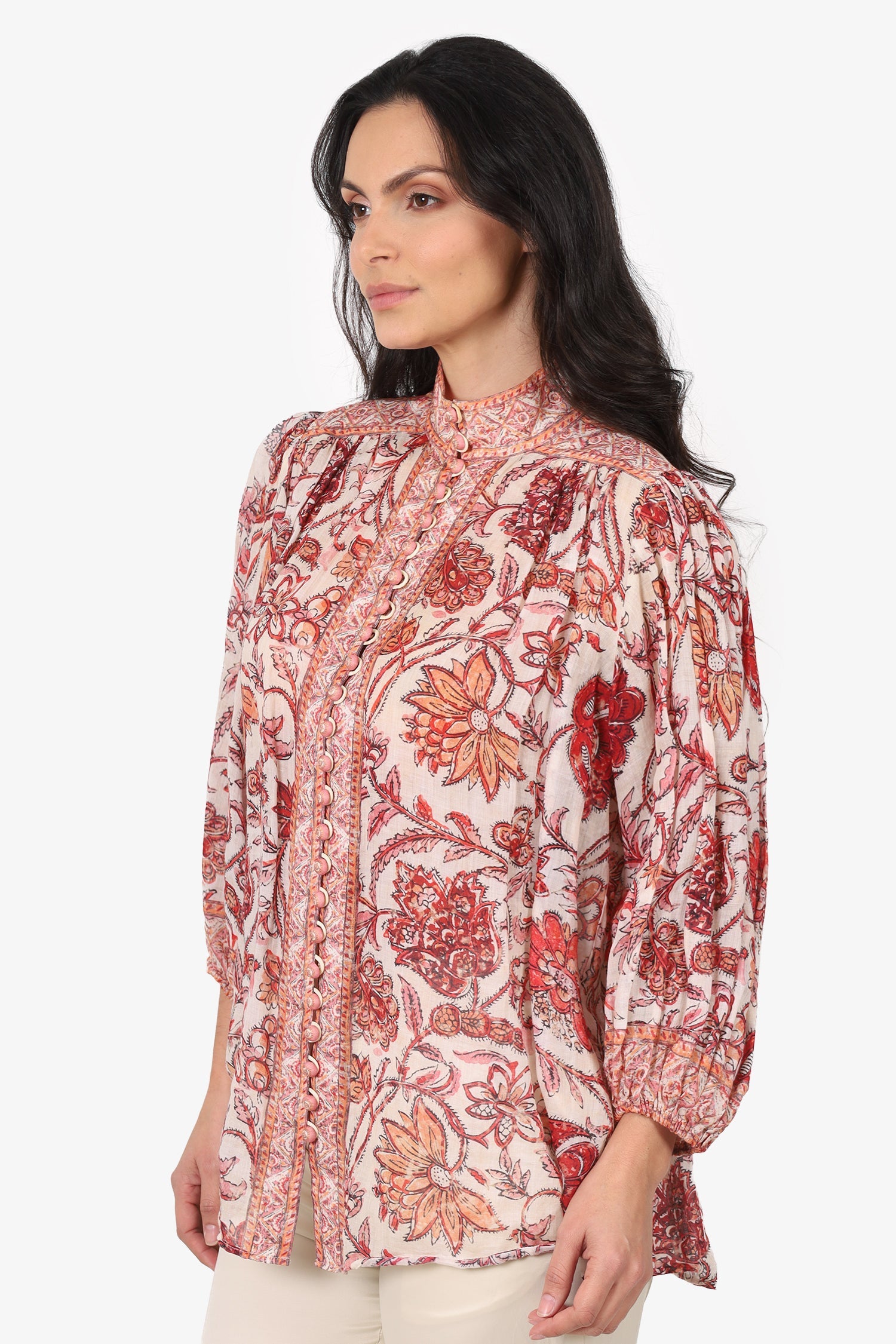 Zimmermann Red/White Vitali Floral Ramie Blouse Size 1