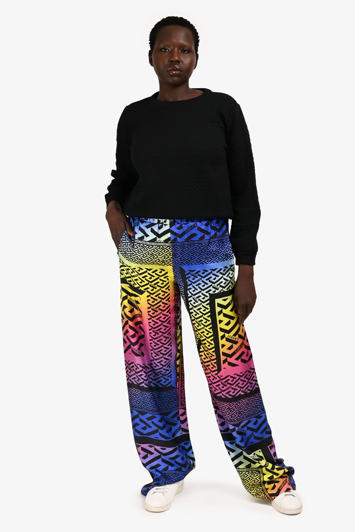 Versace Pink Multicoloured Logo Silk Blend Wide Leg Trousers Size 42