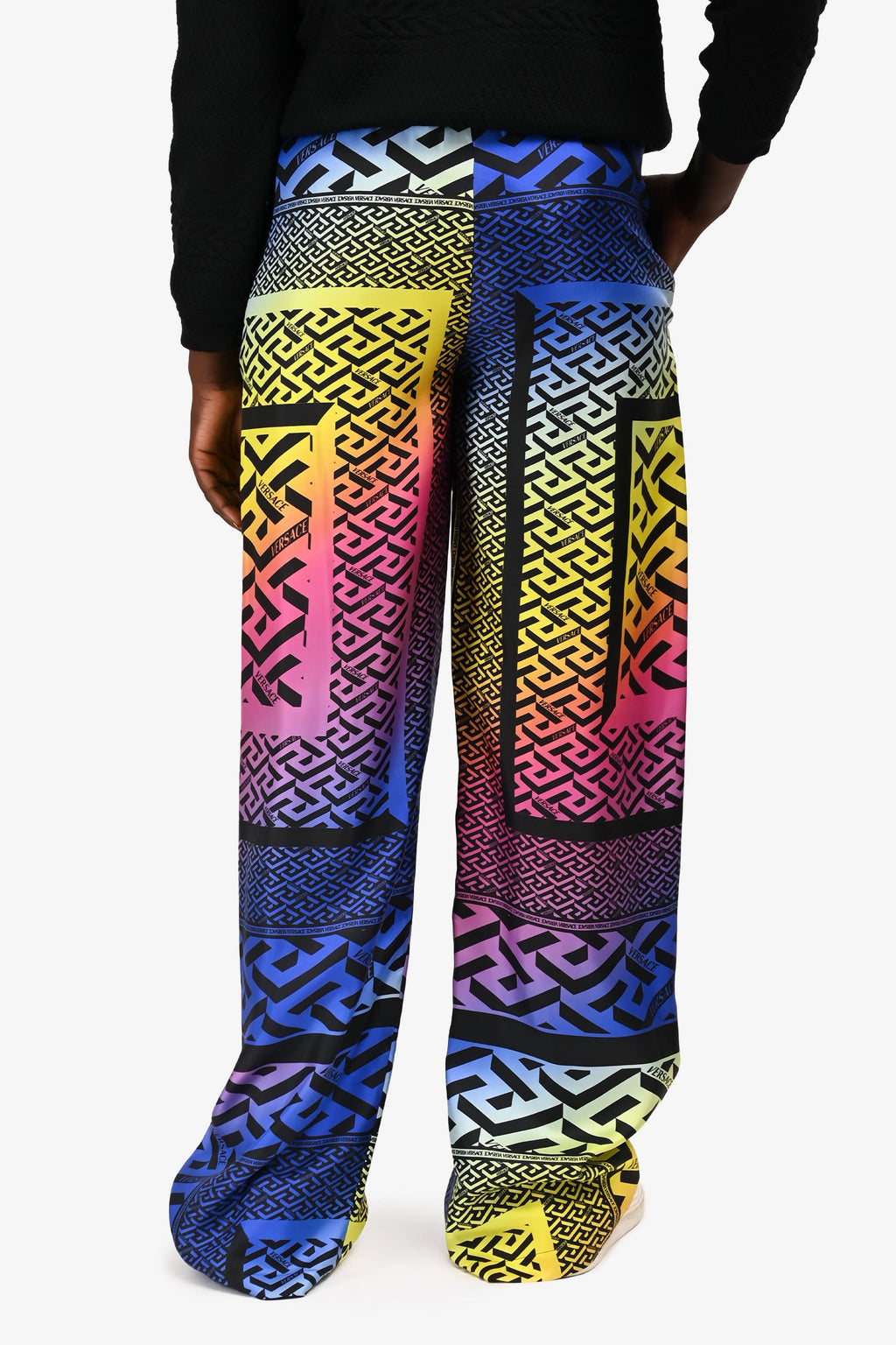 Versace Pink Multicoloured Logo Silk Blend Wide Leg Trousers Size 42