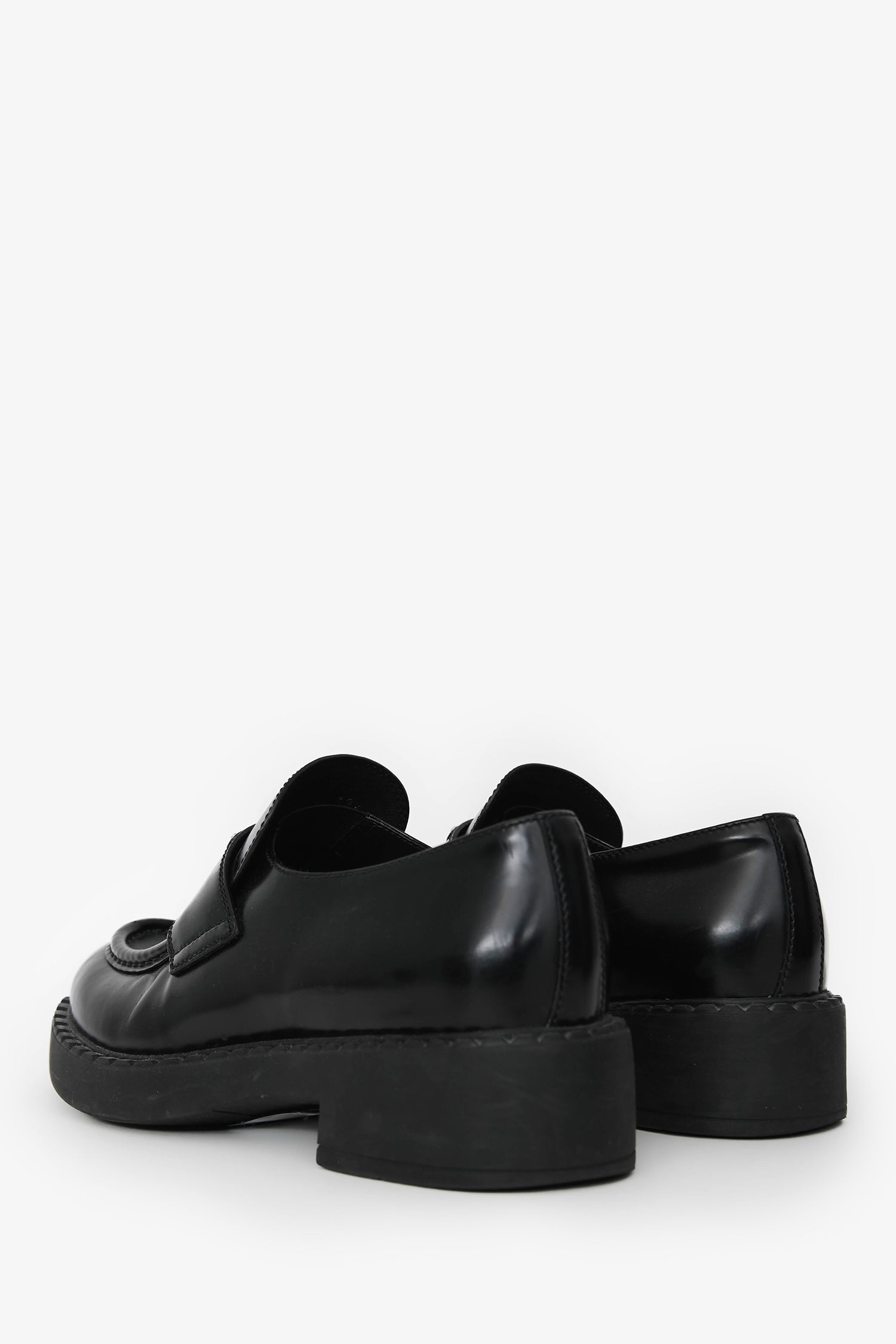 Prada Black Brushed Leather Logo Plaque Loafers Size 39.5