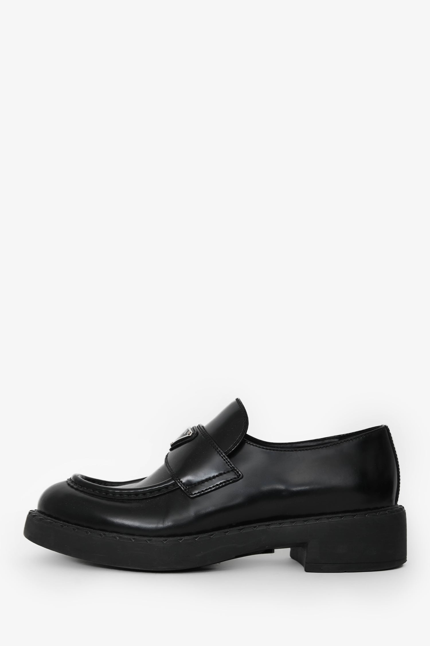 Prada Black Brushed Leather Logo Plaque Loafers Size 39.5